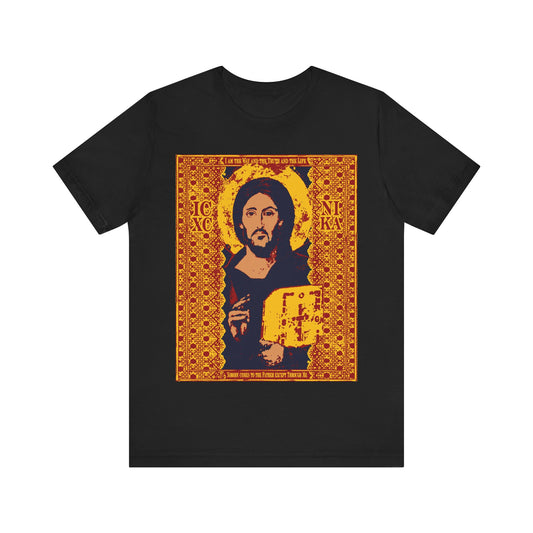 Black Jesus Christ Sinai Pantocrator IconoGraphic t-shirt featuring "ICXC NIKA" and "I am the Way" (John 14:6) in a yellow, red, and blue Orthodox Christian design.