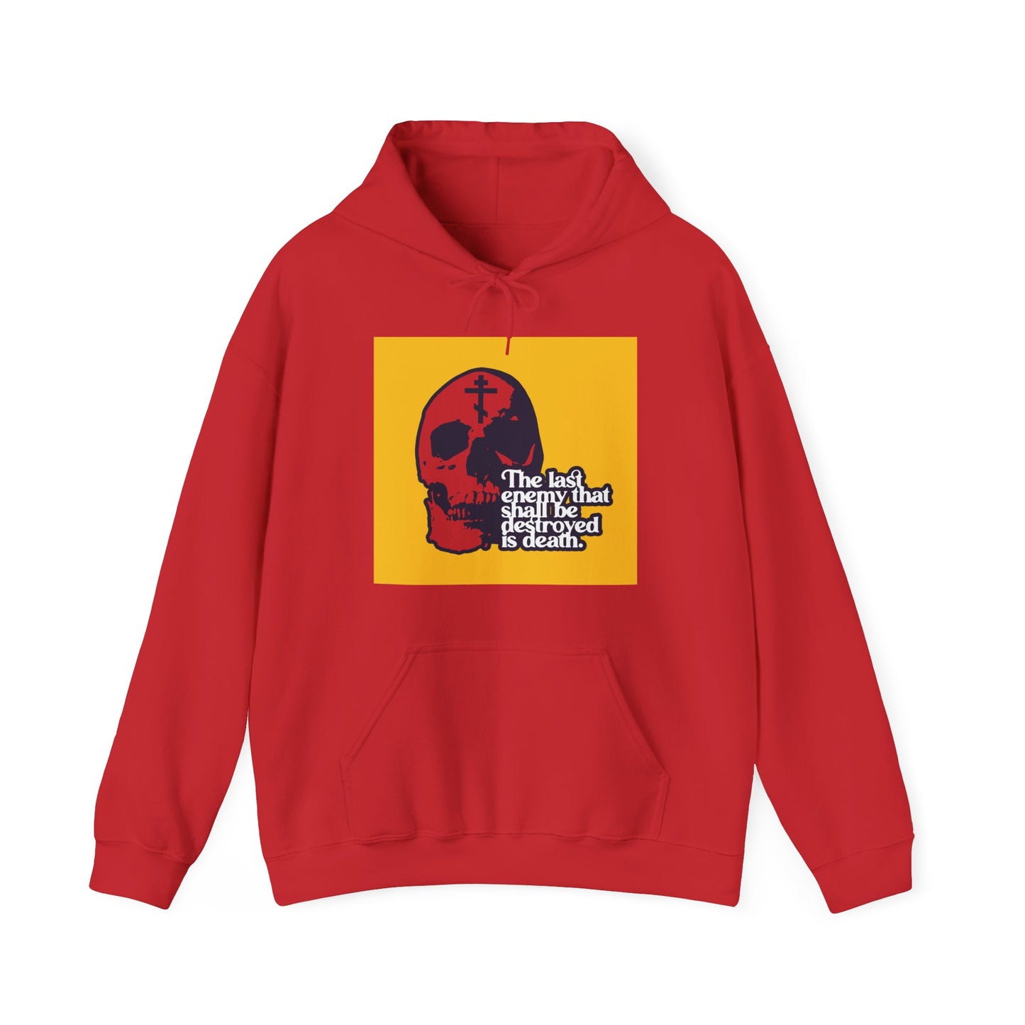 The Last Enemy That Shall Be Destroyed  (1 Corinthians 15:26) | Red Skull on Yellow Background | 70s Typography | Orthodox Christian Hoodie