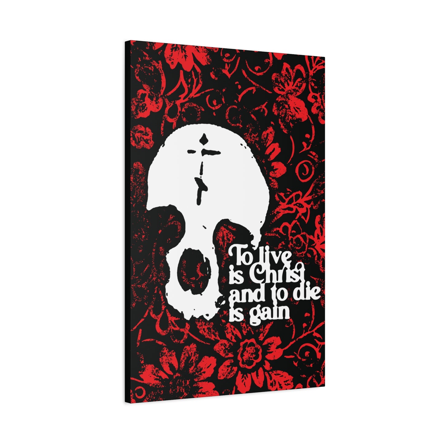 To Live is Christ To Die is Gain (Phil 1:21) | Skull with Cross on Red Floral Texture | Orthodox Christian Canvas Art