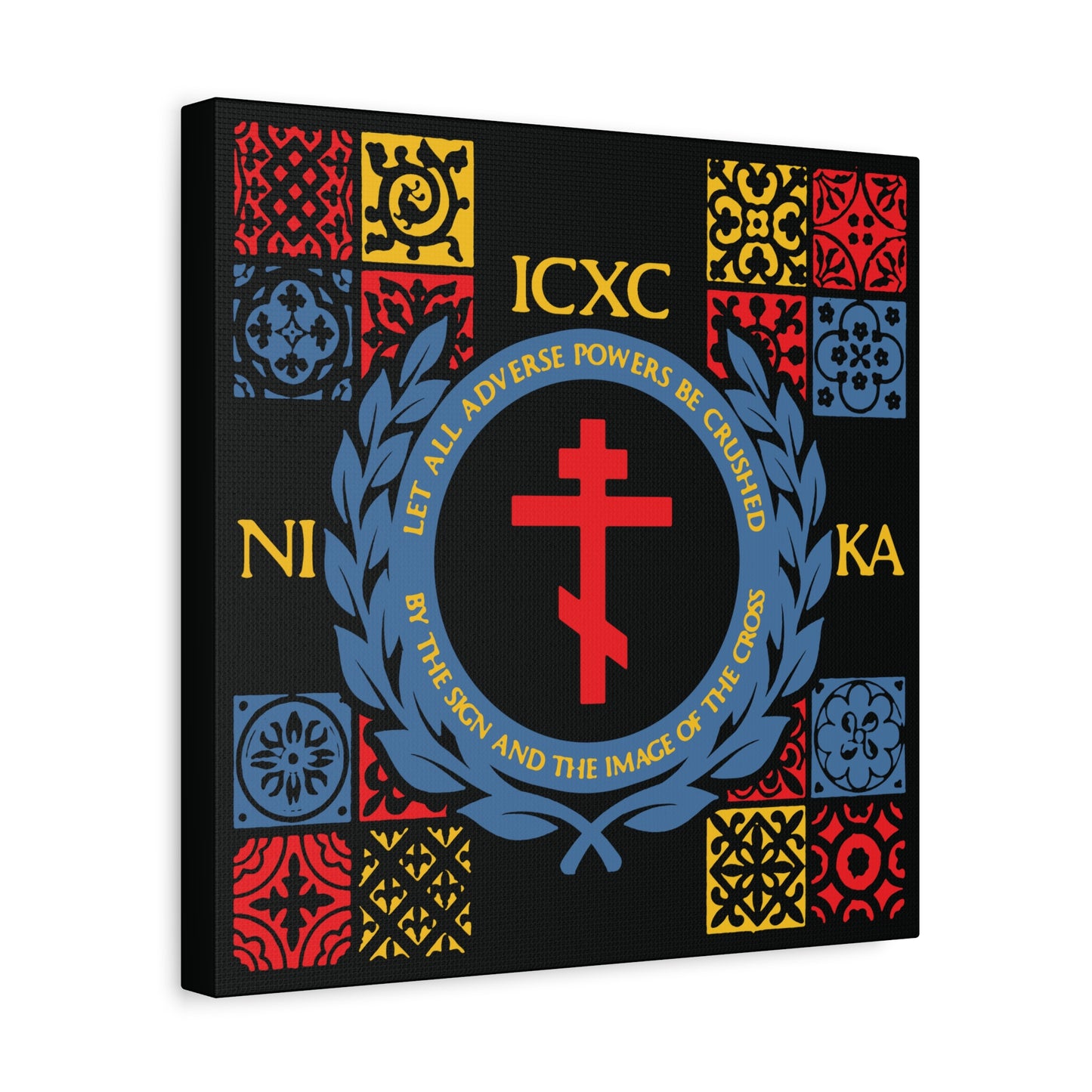 Let All Adverse Powers Be Crushed (Red, Yellow & Blue Design) | ICXC NIKA | Medieval Tile Design | Orthodox Christian Canvas Art