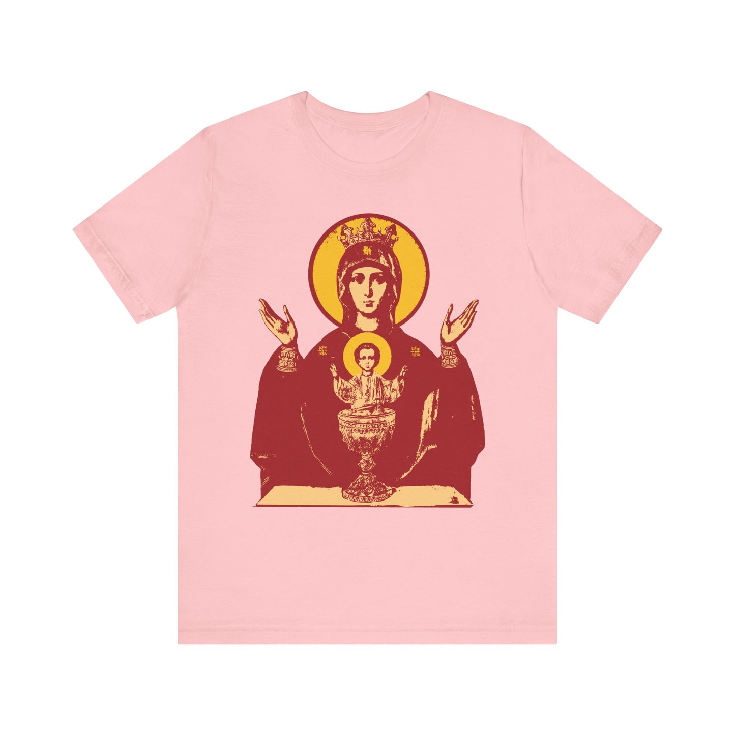 Pink Holy Theotokos IconoGraphic of the Inexhaustible Chalice t-shirt—depicting Deliverer from Addictions and Conqueror of Passions, lightweight cotton unisex style with central icon showing mother and child with halos.