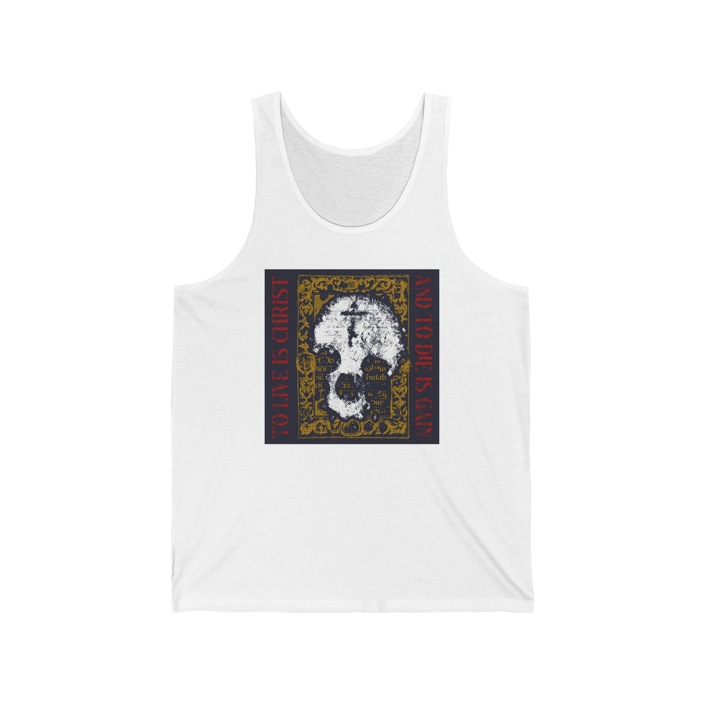 To Live is Christ, to Die is Gain (Philippians 1:21) | Skull with Cross on Gold Manuscript Texture | Orthodox Christian Jersey Tank Top