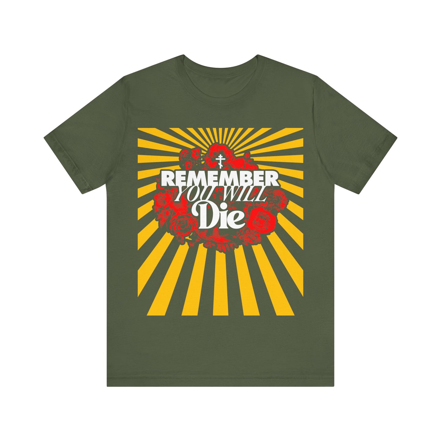Remember You Will Die Red & Yellow Pop Art Design | Orthodox Cross | Memento Mori | Roses & Rays | Christian Lightweight Cotton Unisex Tee