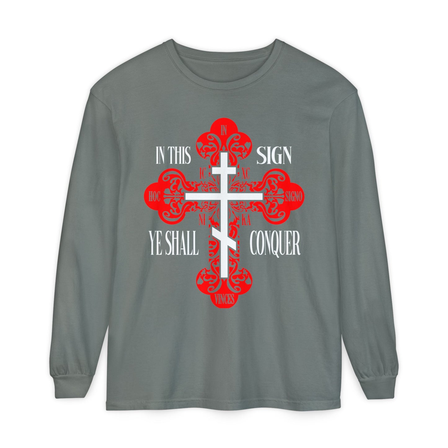 Grey long-sleeve shirt with a red ornate Orthodox Cross and "In this sign ye shall conquer" in white text. Product name: In This Sign Ye Shall Conquer | In Hoc Signo Vinces | ICXC NIKA | Jesus Christ Conquers.
