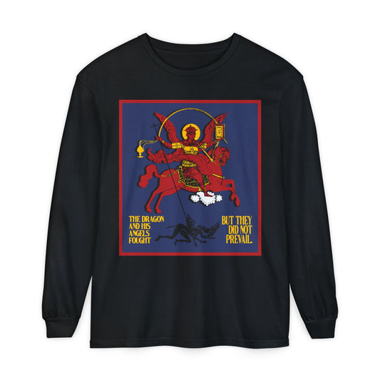 Archangel Michael of the Apocalypse IconoGraphic (Rev 12:7-8) | Red Angel & Horse Blue Background | Orthodox Christian Long Sleeve Shirt