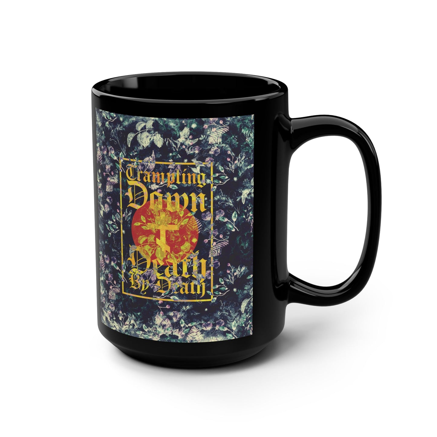 Trampling Down Death By Death | Paschal Floral Design with Gothic Script and Three-Bar Cross | Orthodox Christian Black Mug