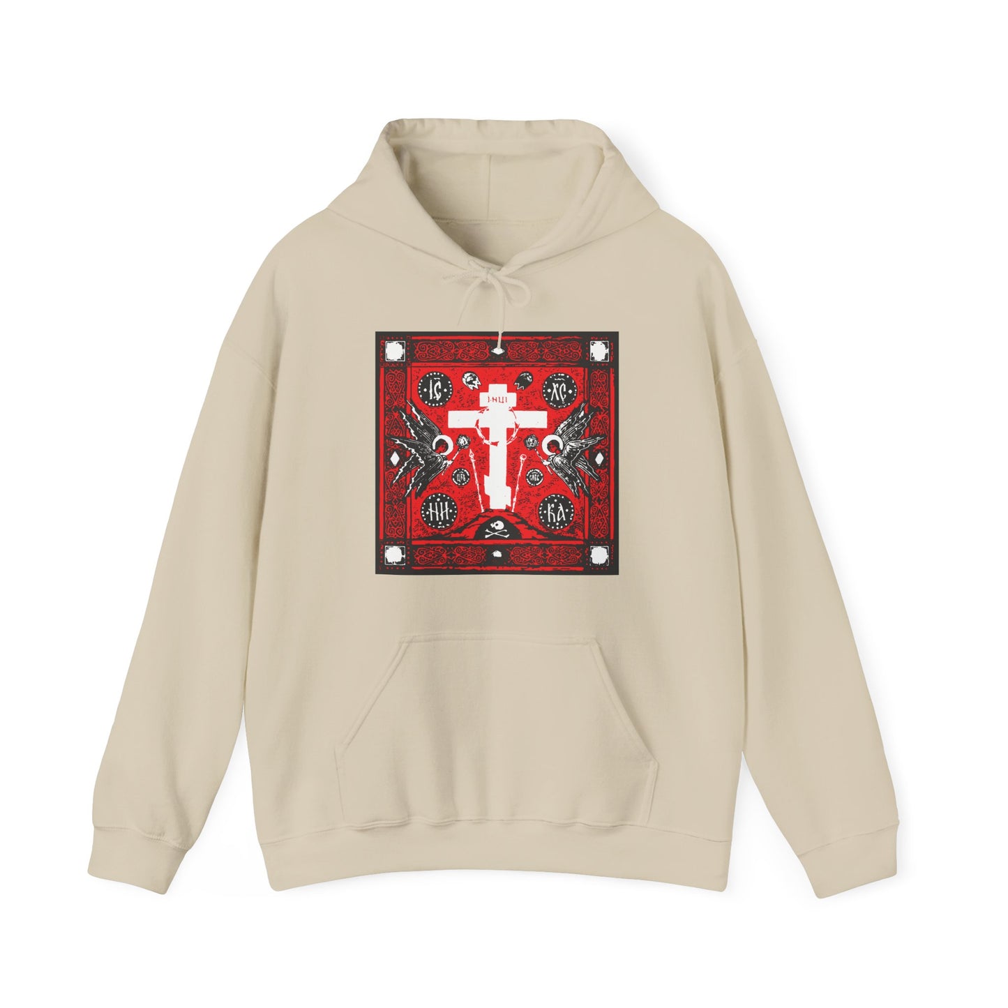 Adoration of Holy Cross IconoGraphic | Striking Red, White, & Black Russian Cross Design w Angels | Orthodox Christian Hoodie 2