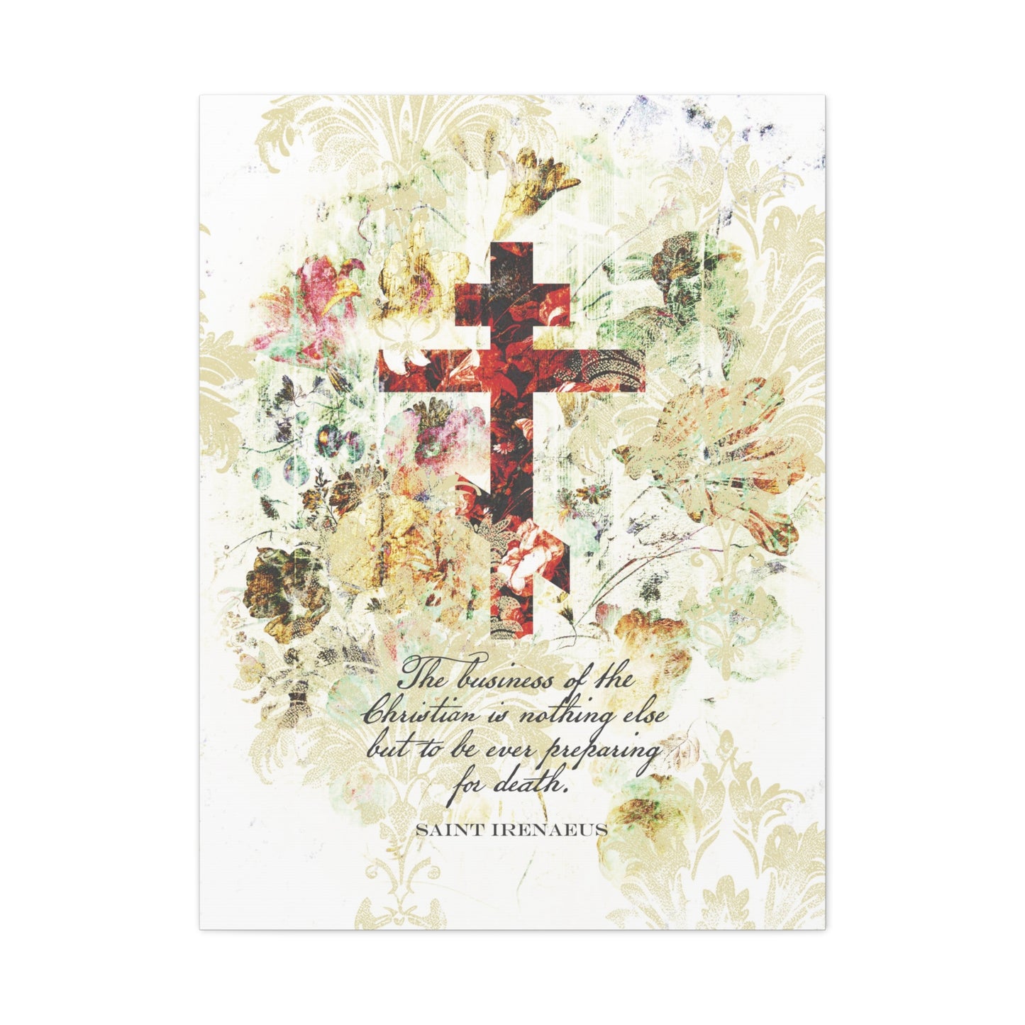 Preparing For Death | White & Beige Floral Scrapbook Texture Cross | Arts & Crafts Style | St Irenaeus | Orthodox Christian Canvas Art