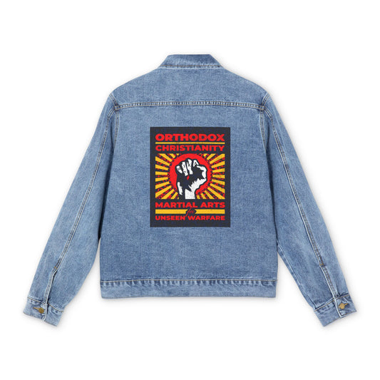 Orthodox Christianity: Martial Arts for Unseen Warfare | NIKA Jesus Fist on Colorful Sunburst Design | Orthodox Christian Blue Denim Jacket