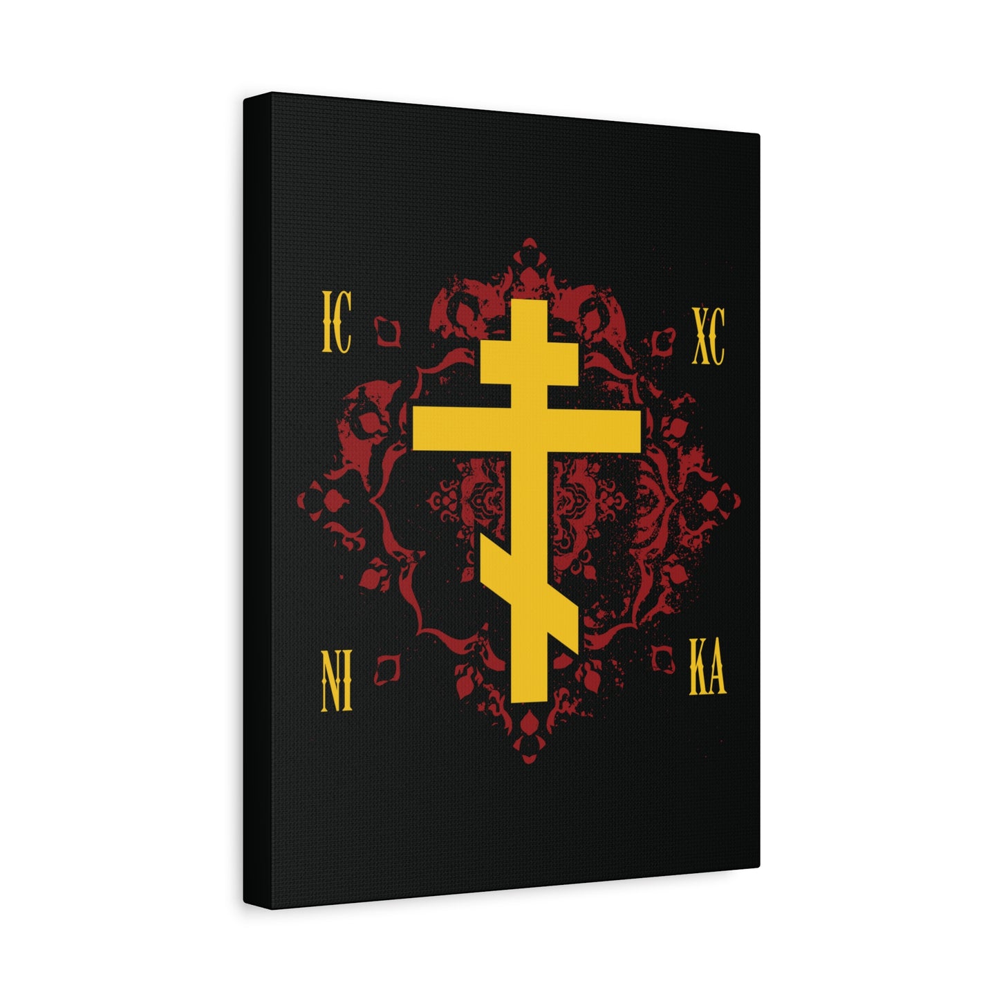 The ICXC NIKA Yellow Russian Cross on Ornate Red Background features the message "Jesus Christ Conquers" with yellow Greek letters on a rich black canvas—perfect Orthodox Christian wall art.