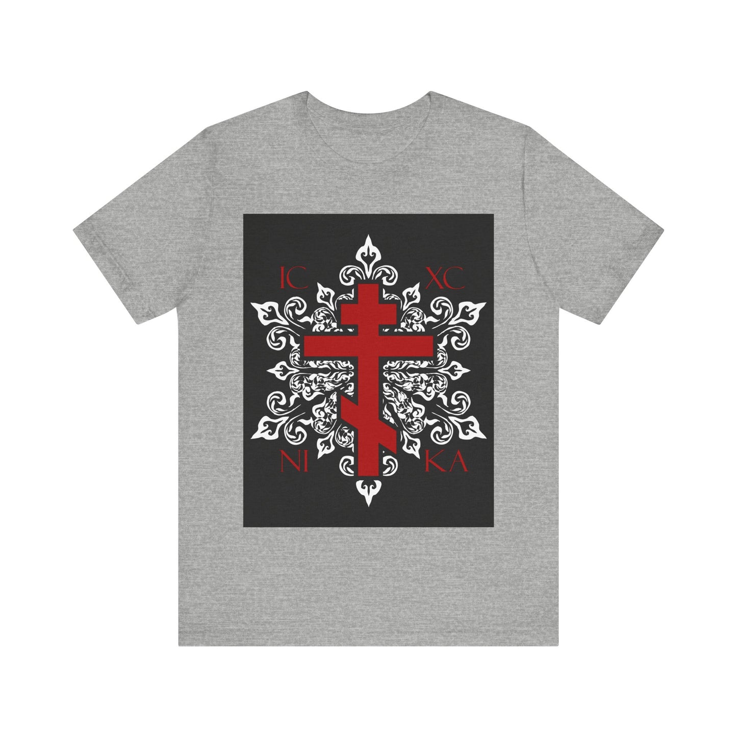 ICXC / NIKA Red Orthodox Cross on Ornate White Medieval Floral Design | Exclusive Best-Selling Orthodox Christian T-Shirt