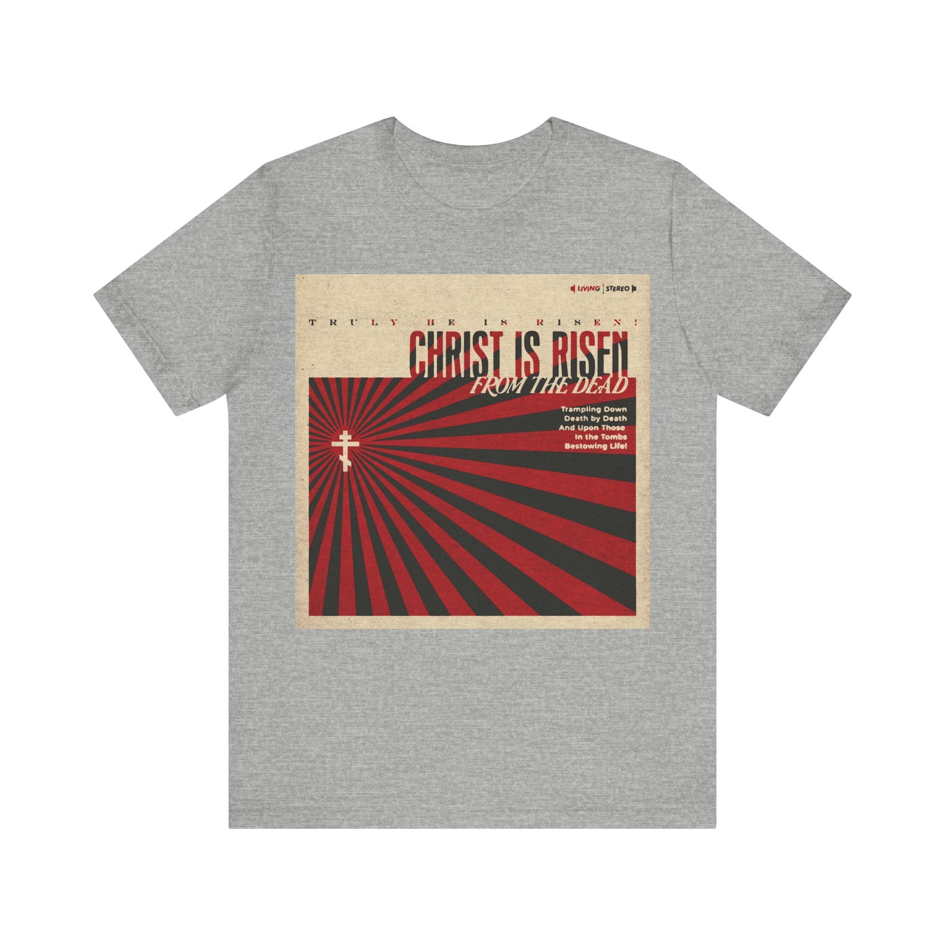 Athletic Heather t-shirt featuring a retro LP cover design and the text "Christ is Risen from the Dead," inspired by the Paschal Troparion and celebrating the Orthodox Christian resurrection.