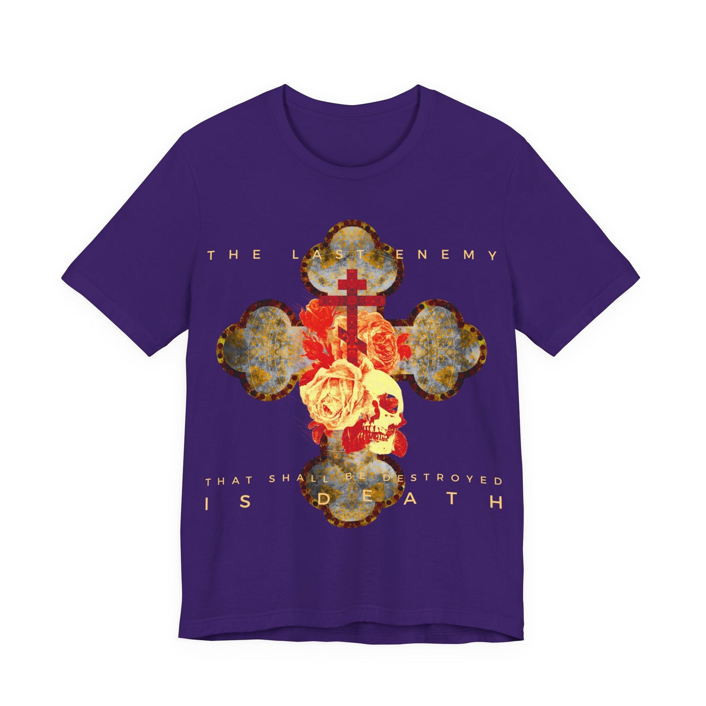 Remembrance of Death’s “The Final Enemy That Shall Be Destroyed Is Death (1 Cor 15:26)” T-shirt features a metallic gothic cross with a rose and skull, accented by red and yellow, inspired by Orthodox Christian symbolism.