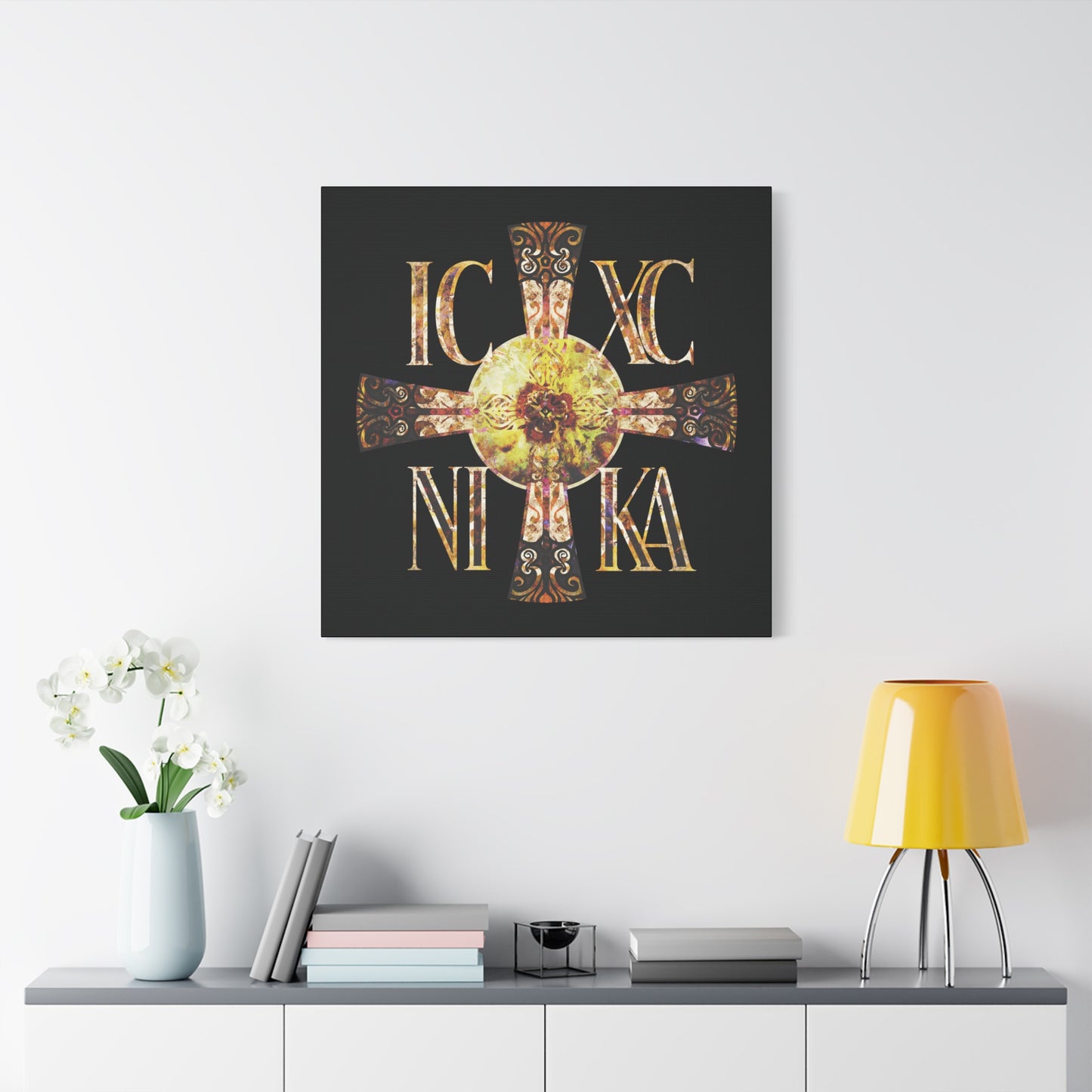 ICXC NIKA Celtic Style Equal Armed Cross | Bright Solar Texture | Orthodox Christian Canvas Art