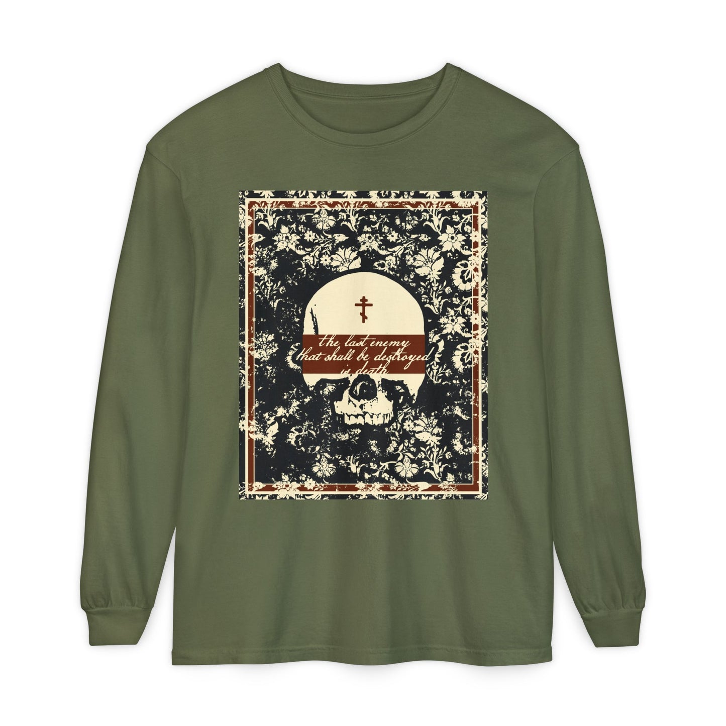 The Last Enemy That Shall Be Destroyed is Death (1 Cor 15:26) | Earthtone Skull and Floral Design | Resurrection | Orthodox Christian Cotton Long Sleeve Shirt