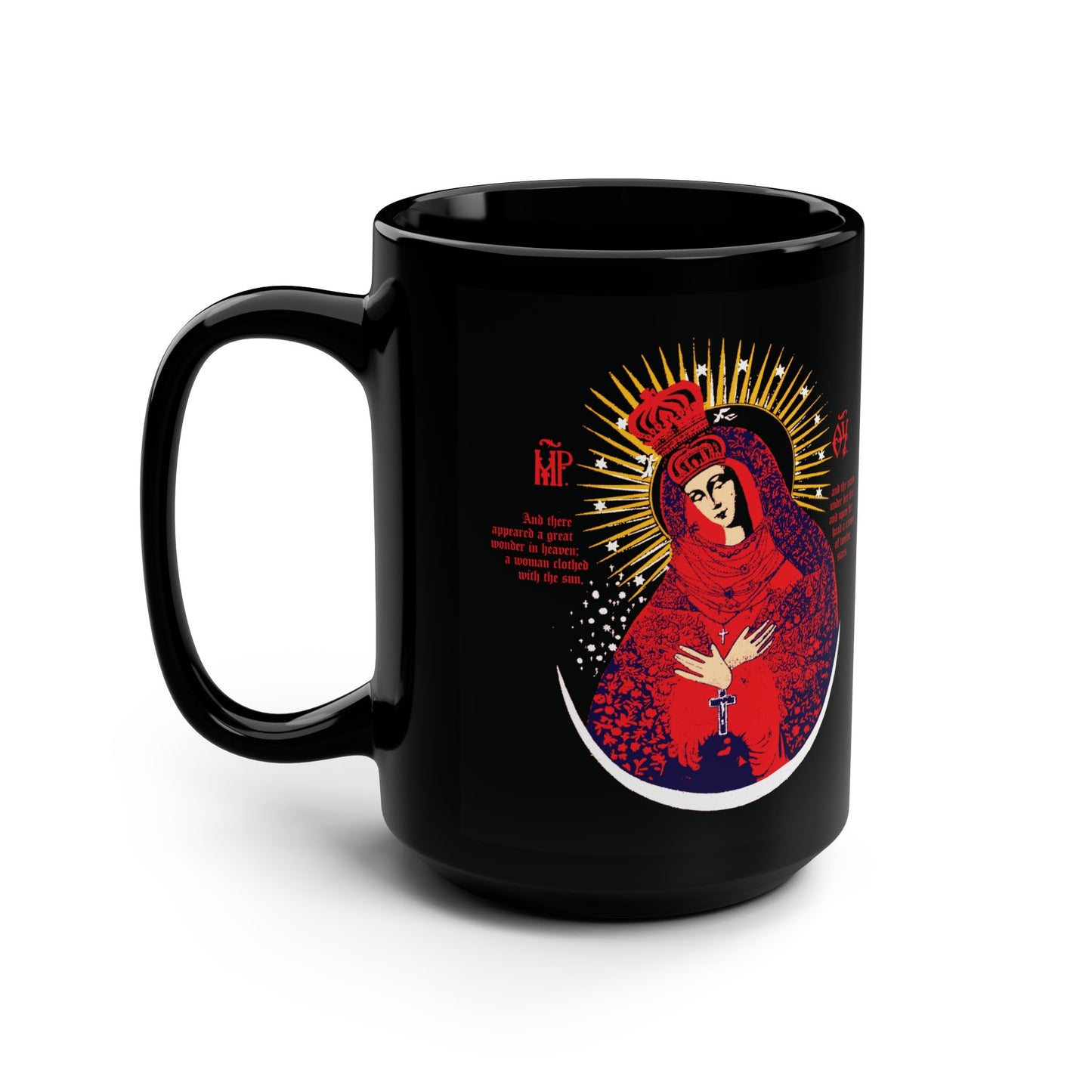 Our Lady the Gate of Dawn Icono-Graphic | Theotokos Crowned | Woman of the Apocalypse | Red Blue & Gold Design | Orthodox Christian Black Mug