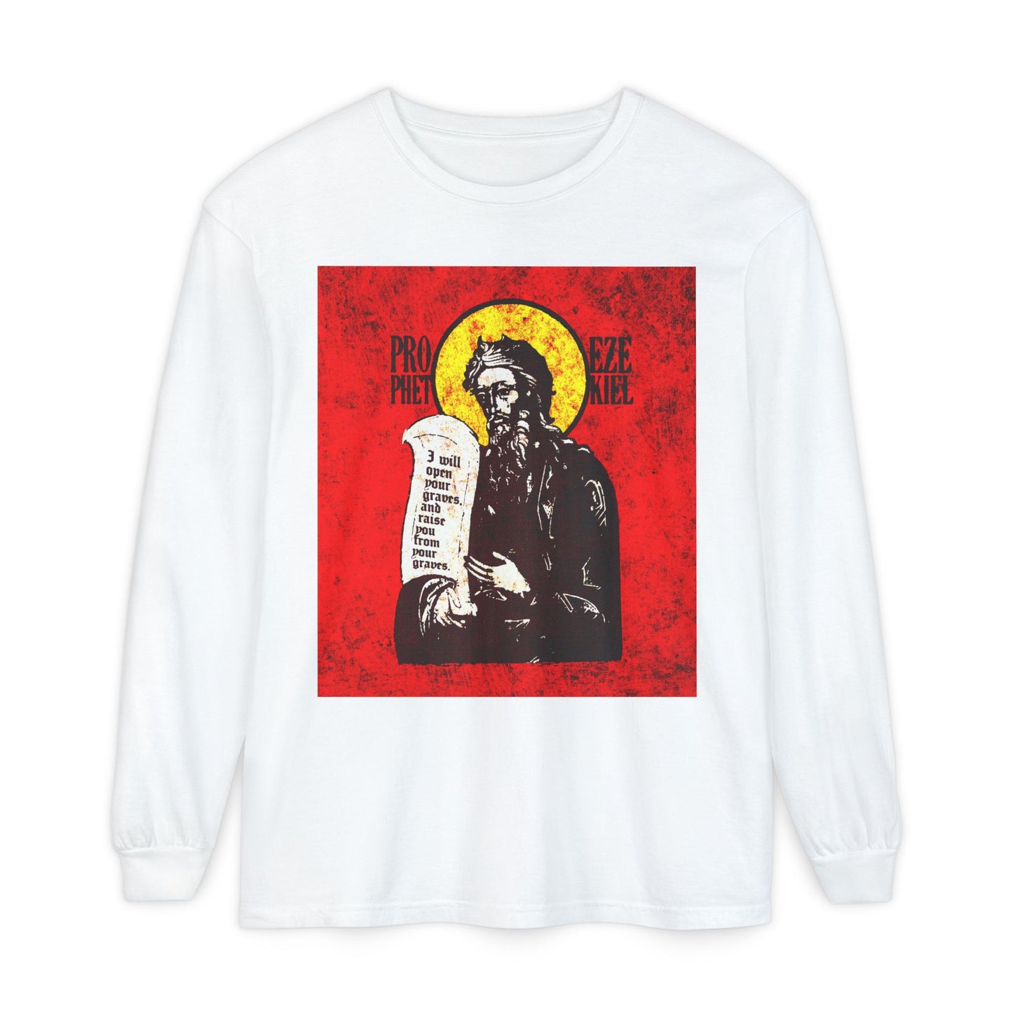 Prophet Ezekiel IconoGraphic | Textured, High Contrast Bright Red and Yellow Design | Old Testament | Orthodox Christian Long Sleeve Shirt
