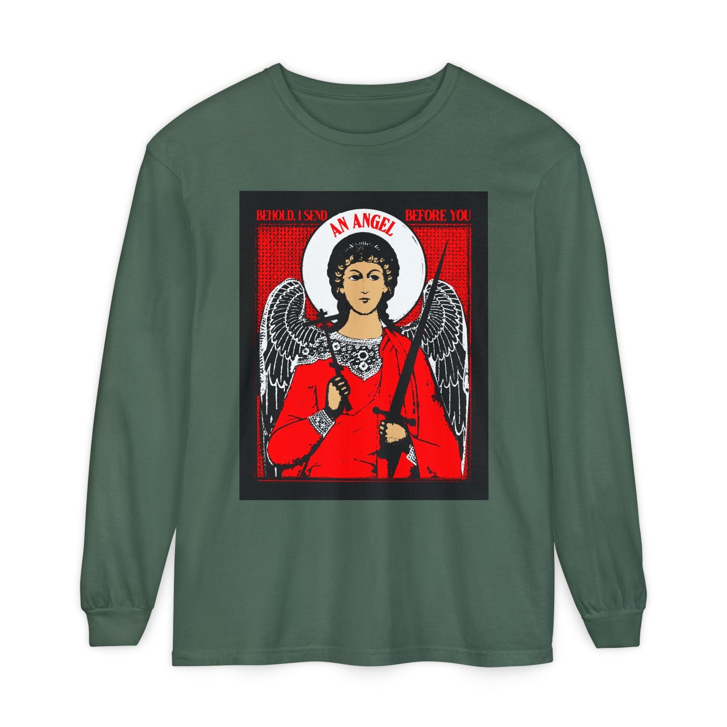 Behold, I Send an Angel Before You (Exodus 23:20) | Guardian Angel With Cross and Sword IconoGraphic | Orthodox Christian Long Sleeve Shirt