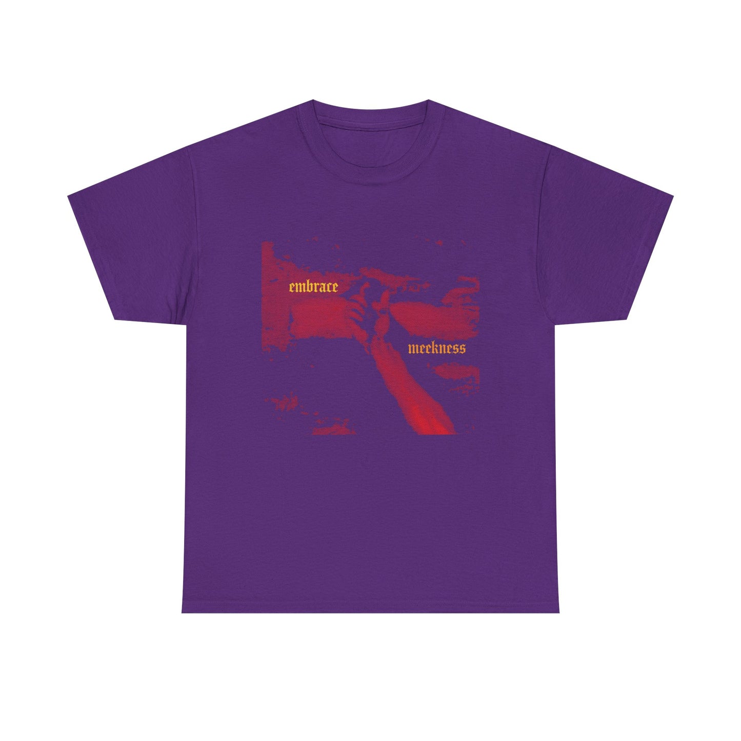 Purple "Embrace Meekness | Haunting Crucified Hand of Christ" t-shirt featuring red and orange graphic, gothic font, and the words "embrace" and "muchness." Made of midweight cotton. Unisex style.