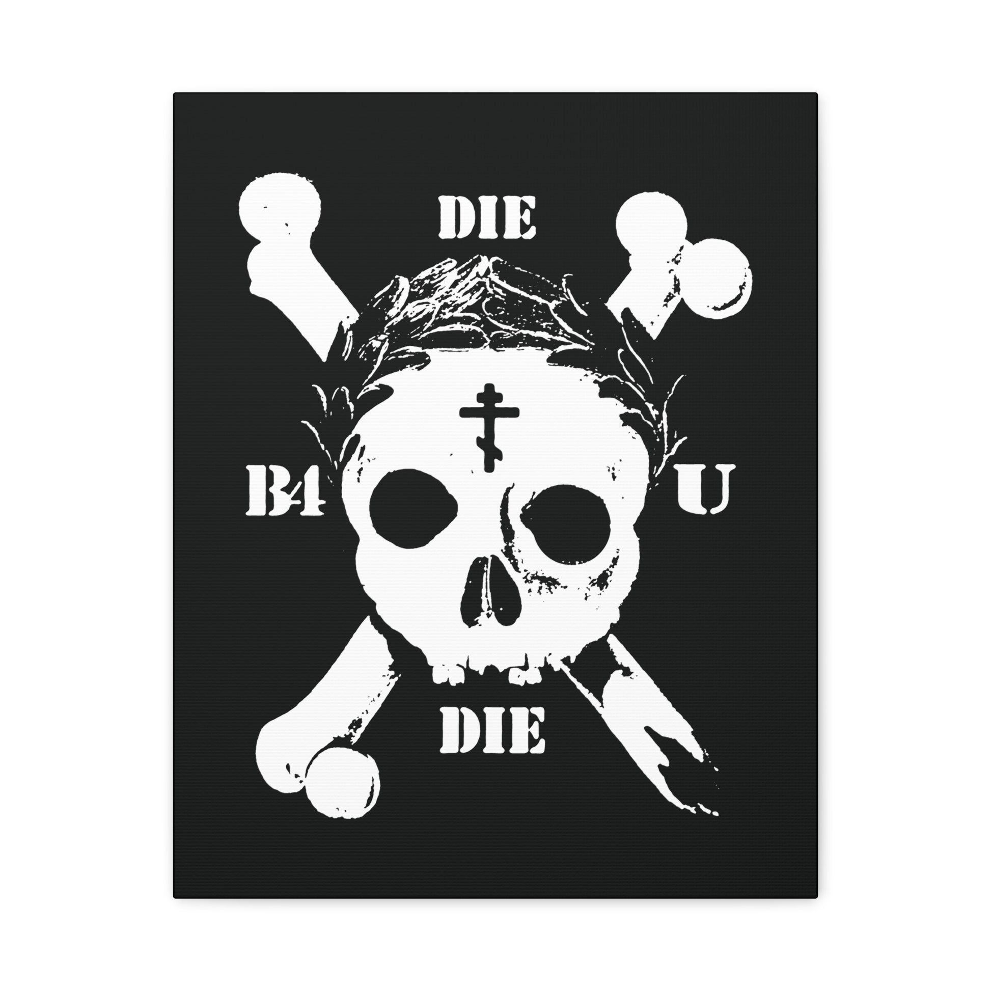 Die Before You Die | Retro Skull & Crossbones, Orthodox Cross & Laurel Wreath—ascetic Christian wall art inspired by Matthew 16:24-25 and the call to deny oneself; a powerful memento mori for your space.
