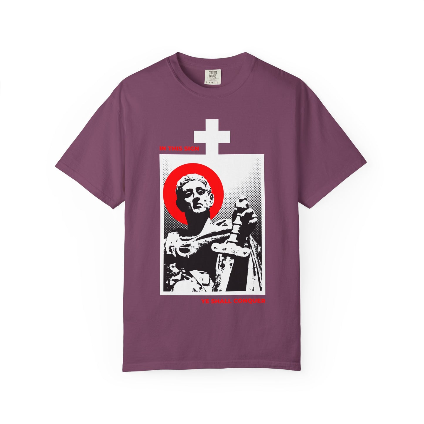 Berry t-shirt featuring St Constantine the Great with a sword, a white cross, red halo and text. Inspired by ‘Conquer Your Passions’ and ‘In This Sign Ye Shall Conquer.’ Heavyweight cotton unisex tee.