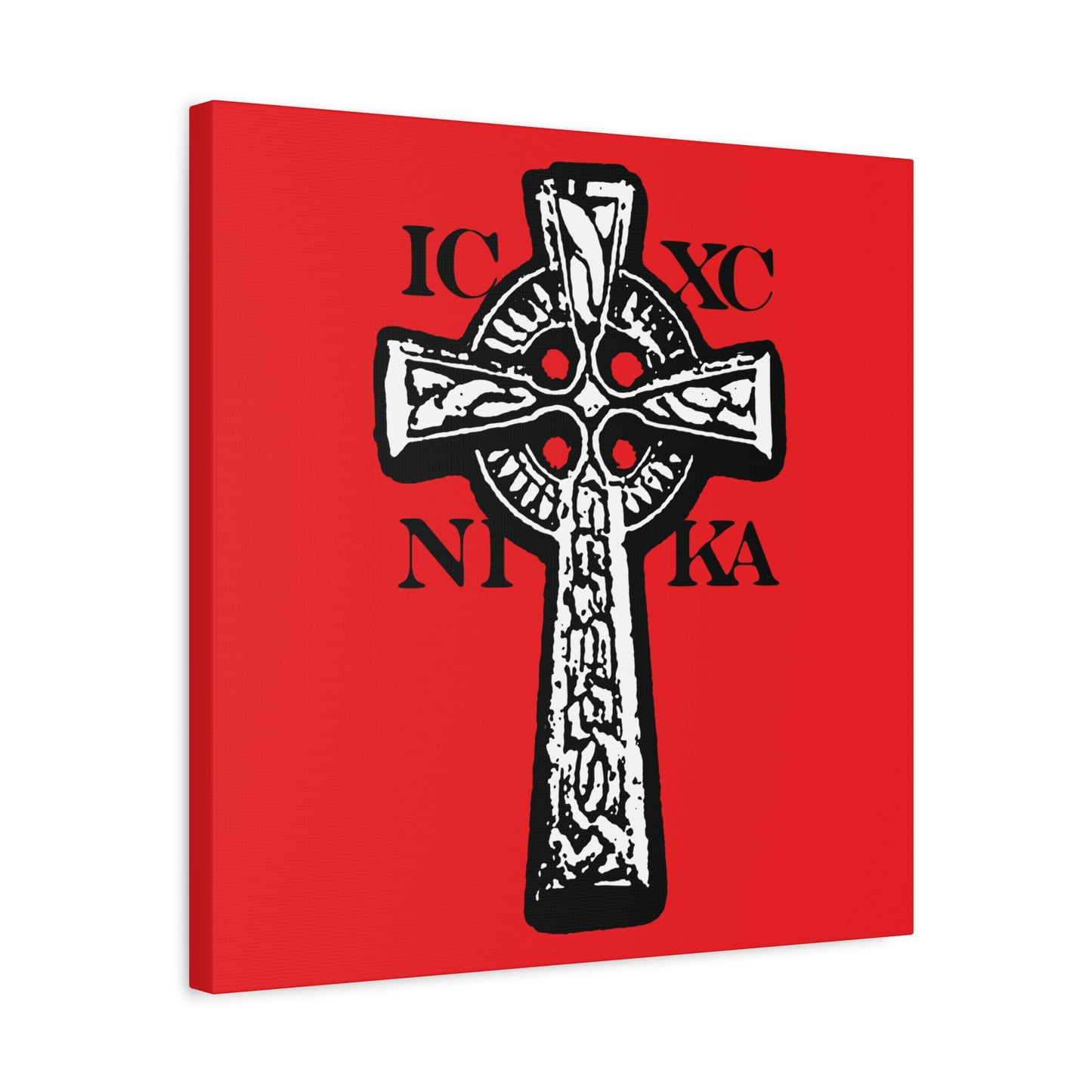 The ICXC NIKA Celtic Knotwork Cross wall art features a bold black and white cross on a red background with the Greek letters IC XC NI KA, symbolizing Jesus Christ conquers—traditional Orthodox Christian décor.