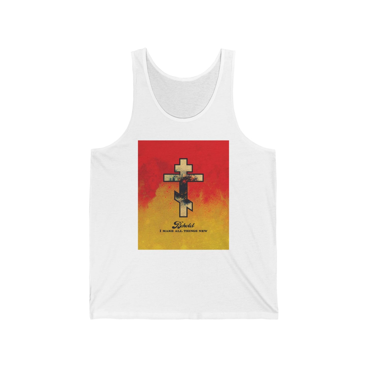 Behold, I Make All Things New (Rev 21:5) | Cosmic Orthodox Cross on Red and Yellow Background | Orthodox Christian Jersey Tank Top / Sleeveless Shirt