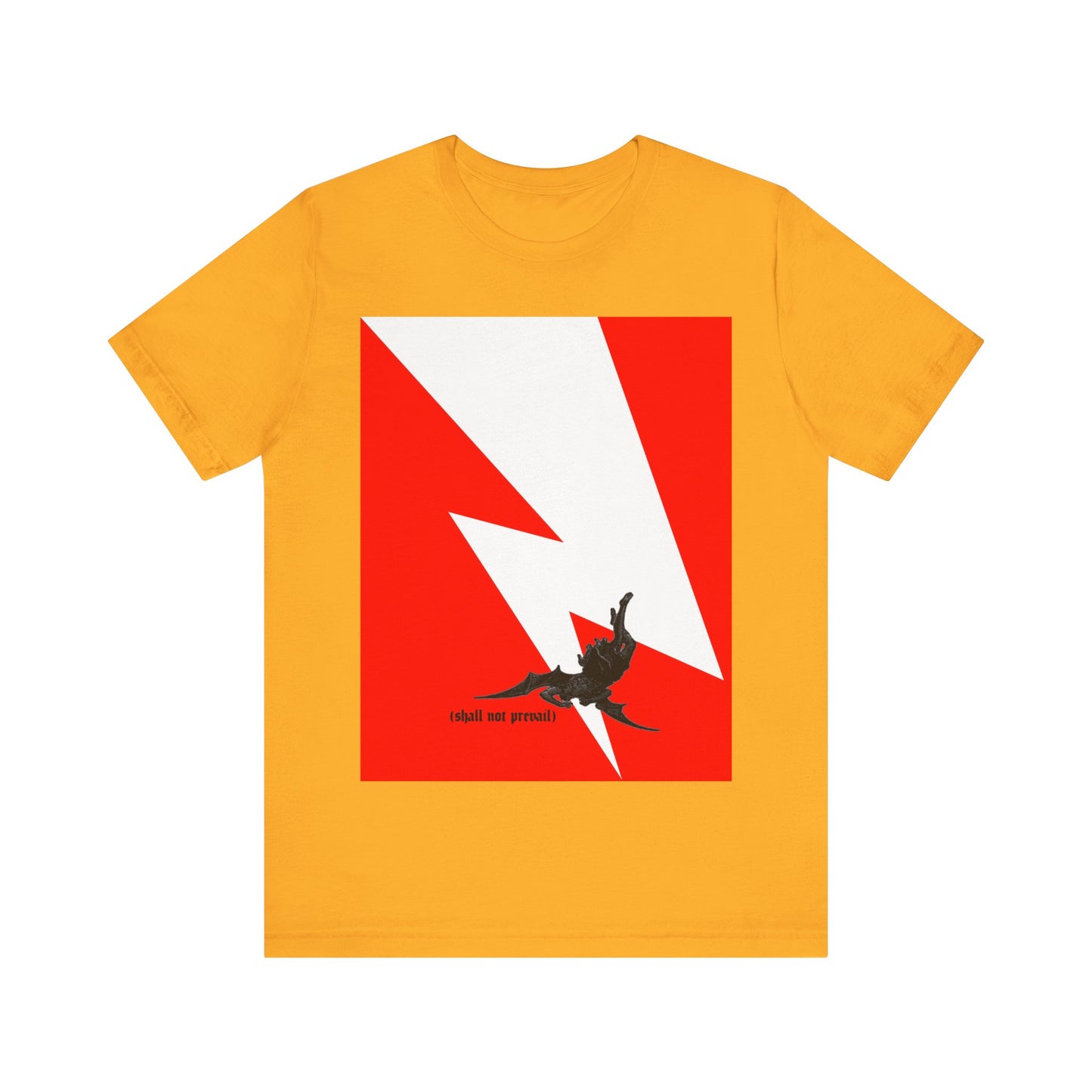 Gold Orthodox Christian cotton T-shirt featuring a minimalist red and white lightning graphic with a fallen angel; "shall not prevail" text inspired by Luke 10:18, reflecting themes of pride and faith.