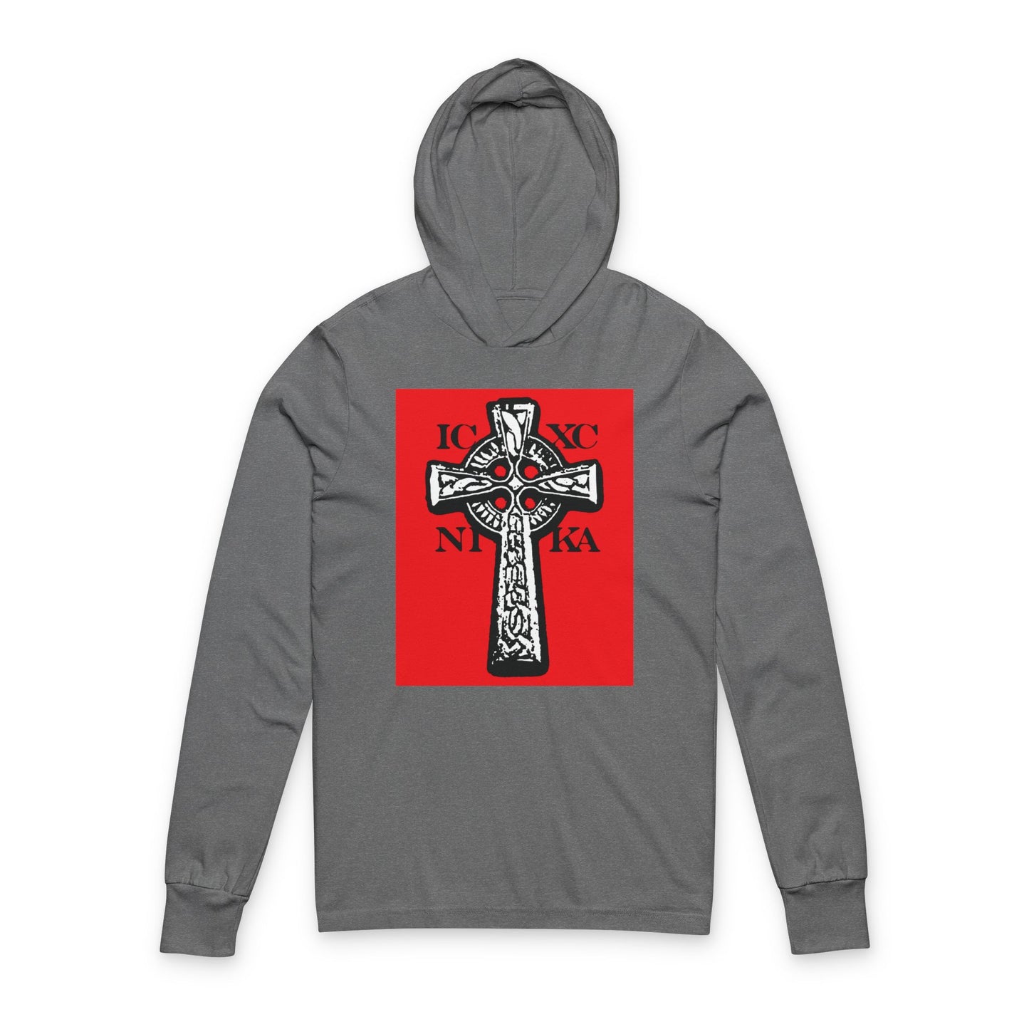 Grey TriBlend hooded shirt featuring the ICXC NIKA Celtic Knotwork Cross in black and white on a red background, with "Jesus Christ Conquers" in bold lettering; a traditional Orthodox Christian design.