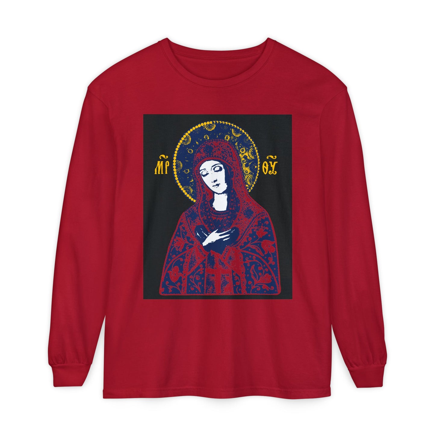 Joy of All Joys Tenderness Theotokos Iconographic Based on Traditional Orthodox Iconography | Red Design | Orthodox Christian Long Sleeve Shirt