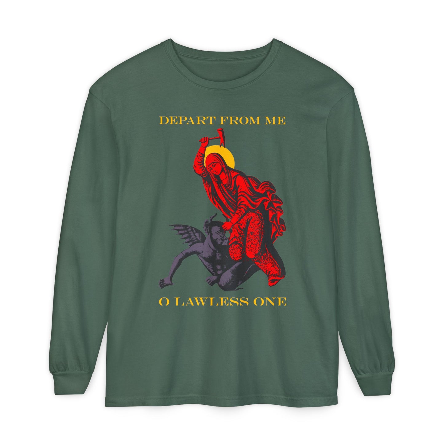 St Marina IconoGraphic (Depart from Me O Lawless One) | Saint Beating the Devil with a Hammer | Orthodox Christian Cotton Long Sleeve Shirt