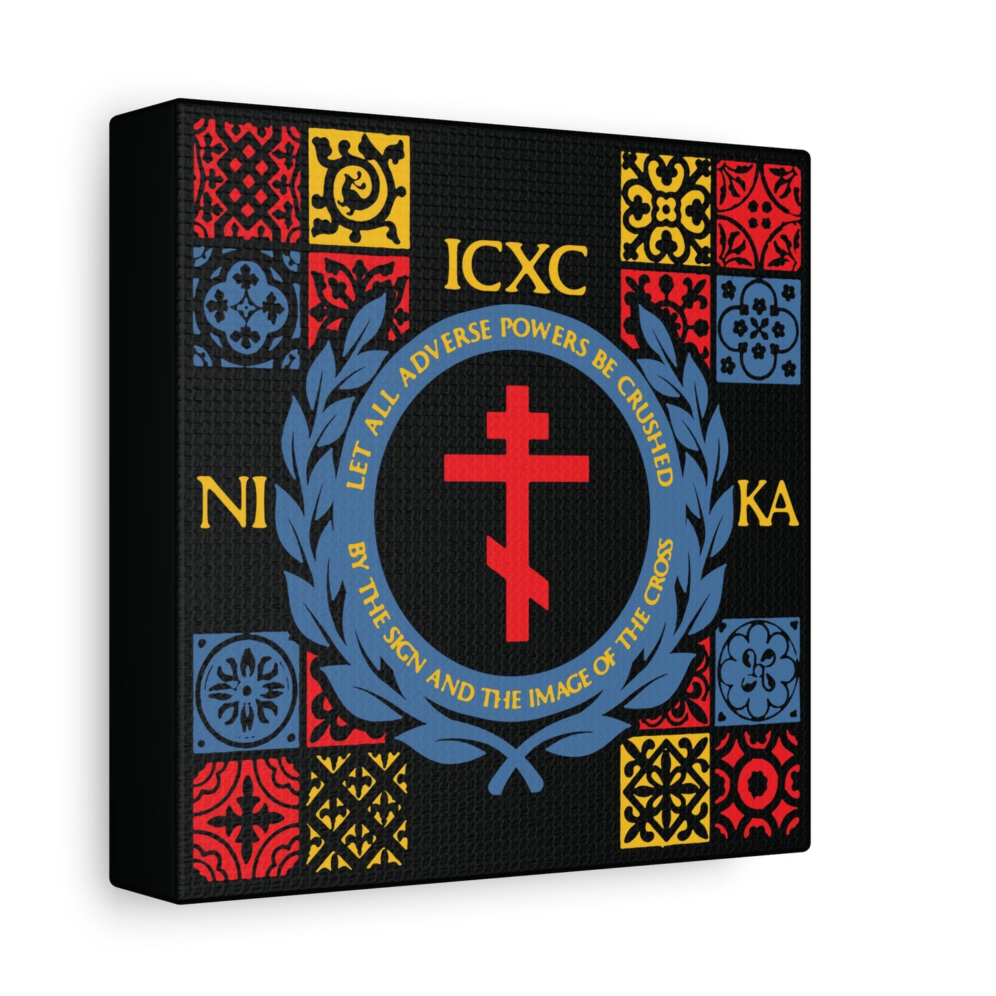 Let All Adverse Powers Be Crushed (Red, Yellow & Blue Design) | ICXC NIKA | Medieval Tile Design | Orthodox Christian Canvas Art