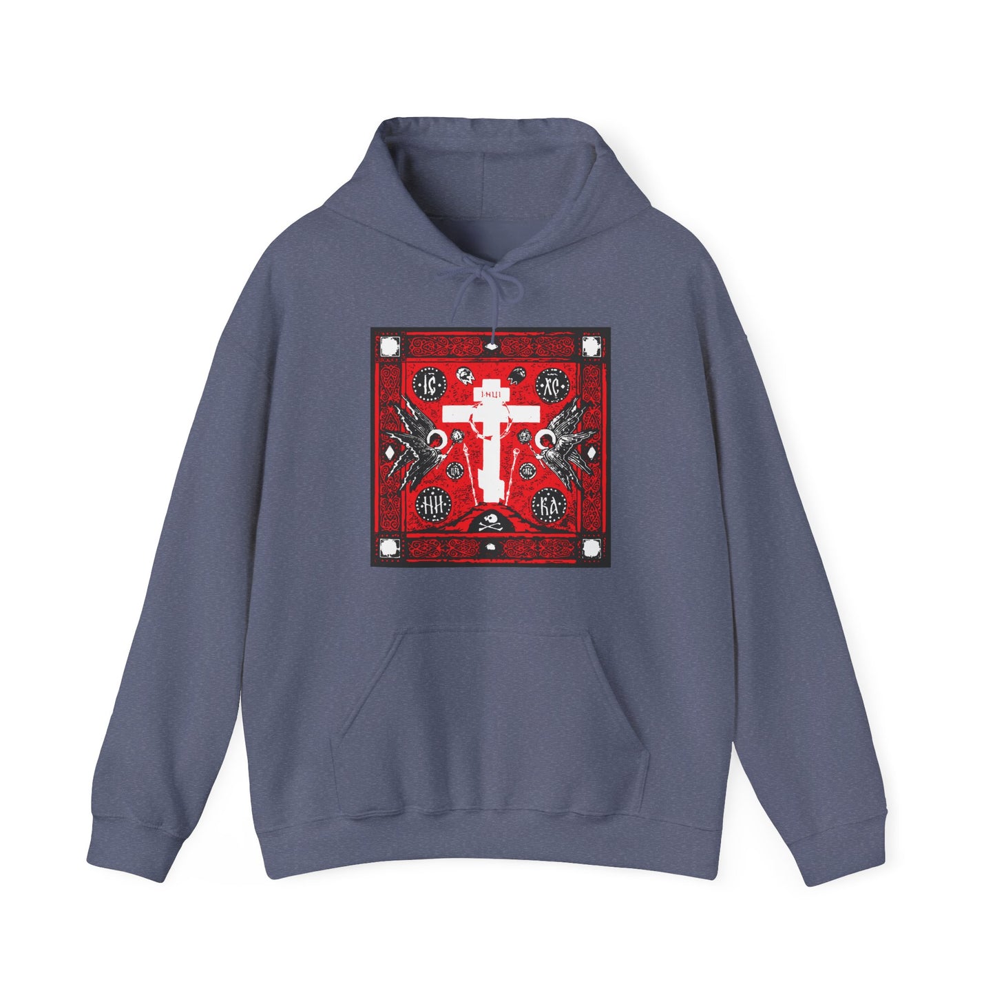Adoration of Holy Cross IconoGraphic | Striking Red, White, & Black Russian Cross Design w Angels | Orthodox Christian Hoodie 2