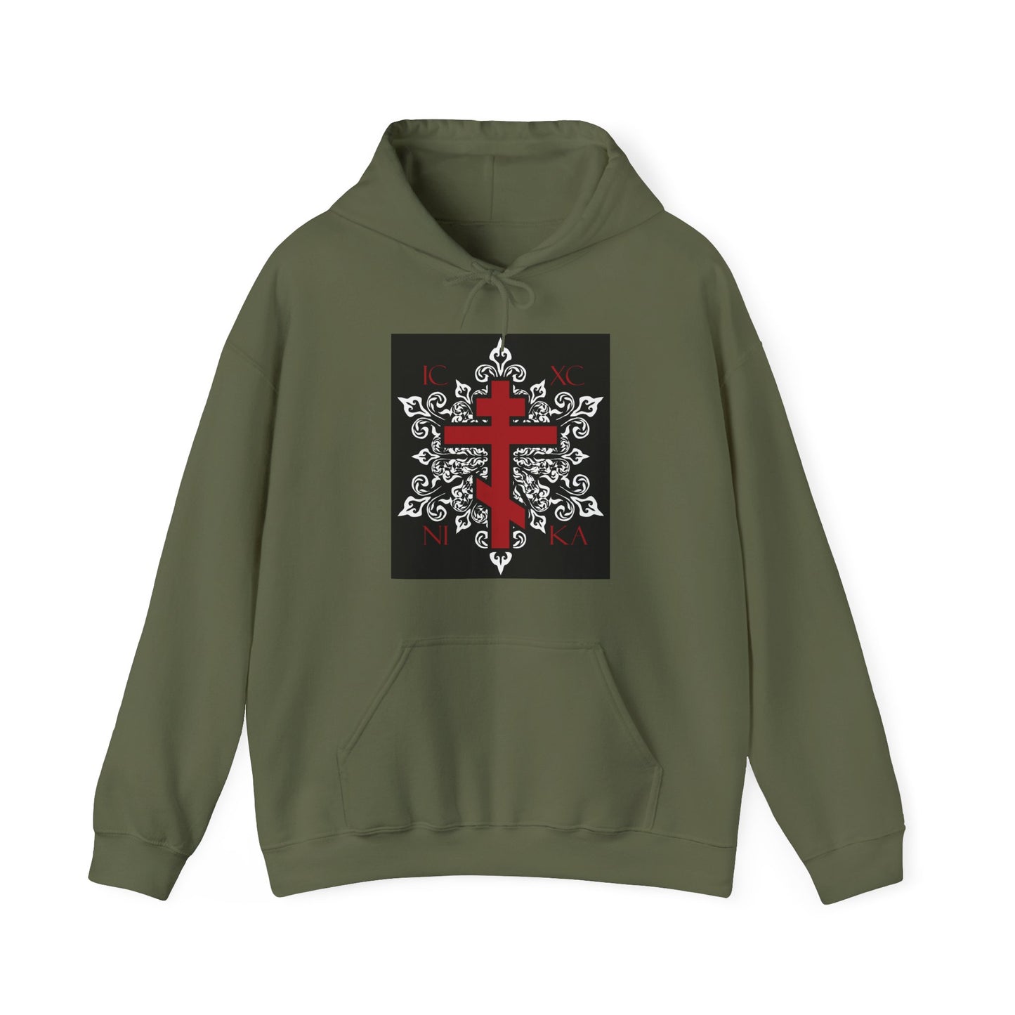 ICXC / NIKA Red Orthodox Cross on Ornate White Medieval Floral Design | Exclusive Best-Selling | Orthodox Christian Hoodie