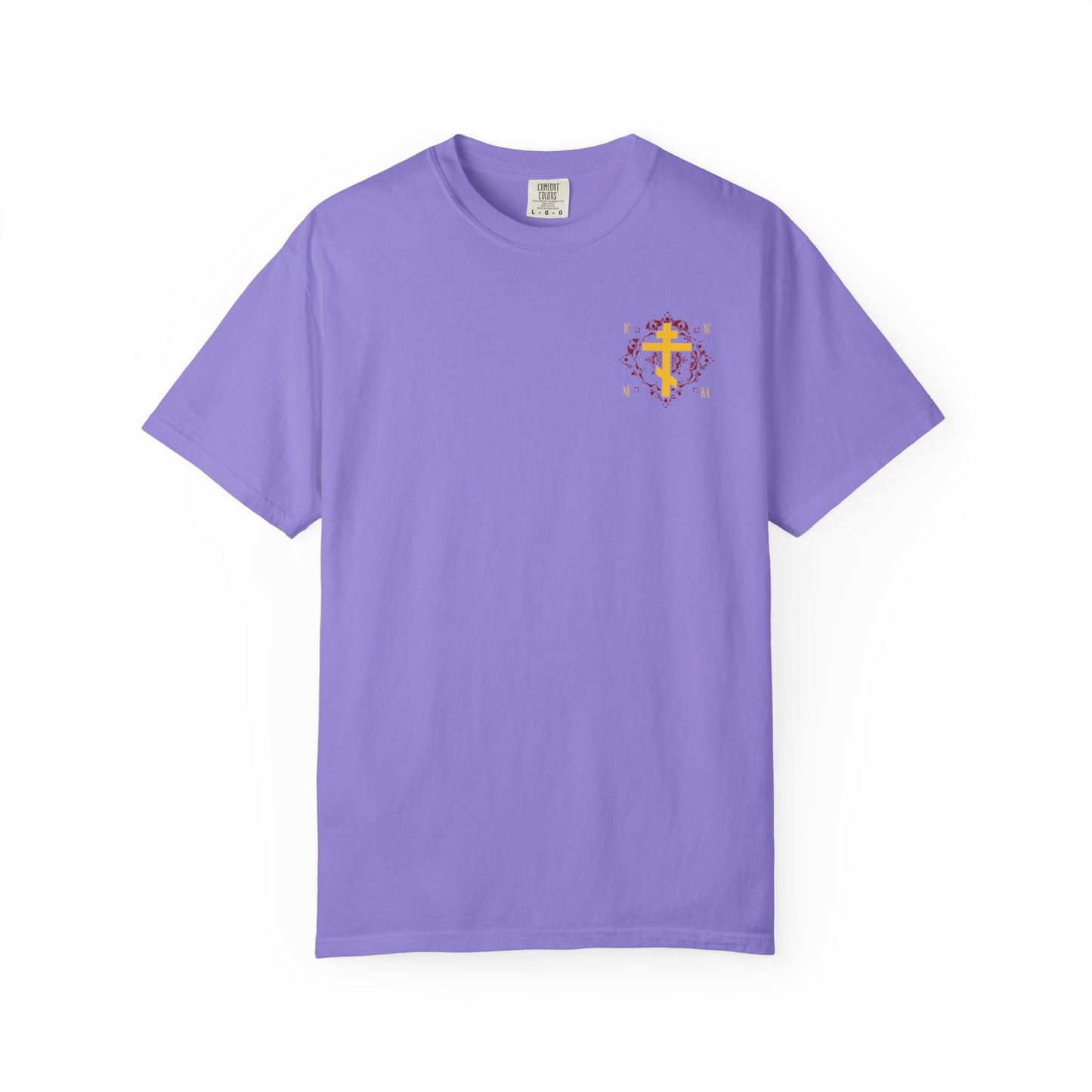 Violet heavyweight cotton unisex t-shirt featuring a small yellow Orthodox cross on an ornate red background design, inspired by Christ Conquers (ICXC NIKA) and the teachings of St. Kosmas Aitolos.