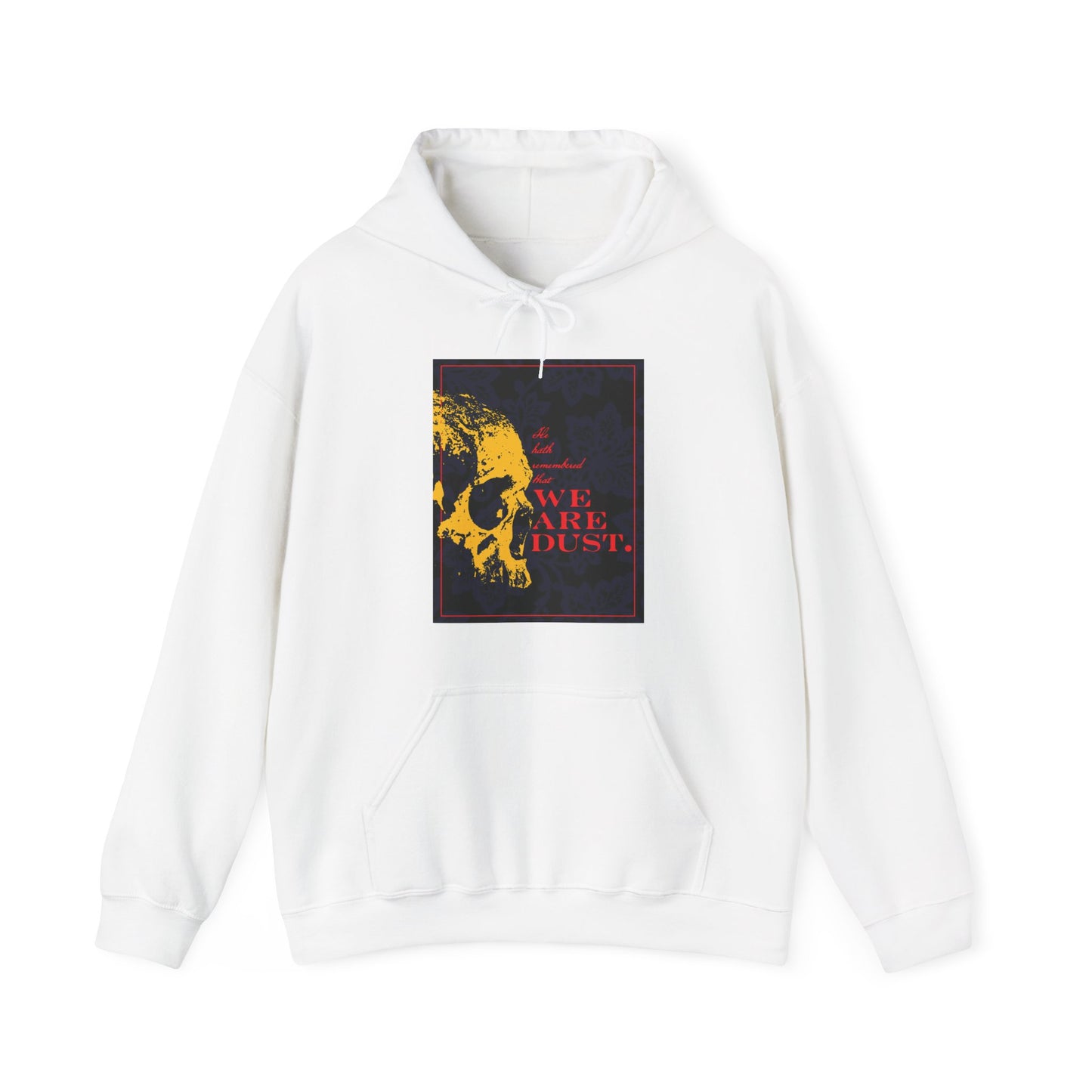 White hoodie featuring a yellow skull on a blue floral background with red "WE ARE DUST." text, inspired by Ps. 102/103 LXX and Orthodox Christian memento mori themes. Gothic style design.