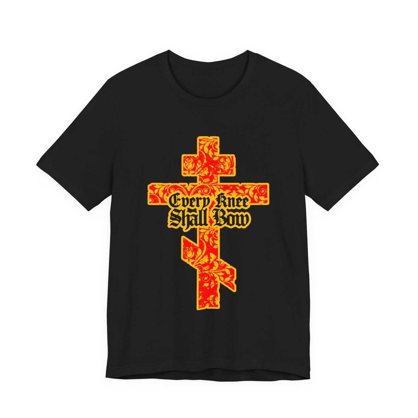 Black unisex tee featuring a gold and red floral Orthodox cross with gothic lettering and "Every Knee Shall Bow," inspired by Isaiah 45:22-24 and Philippians 2:7-11.
