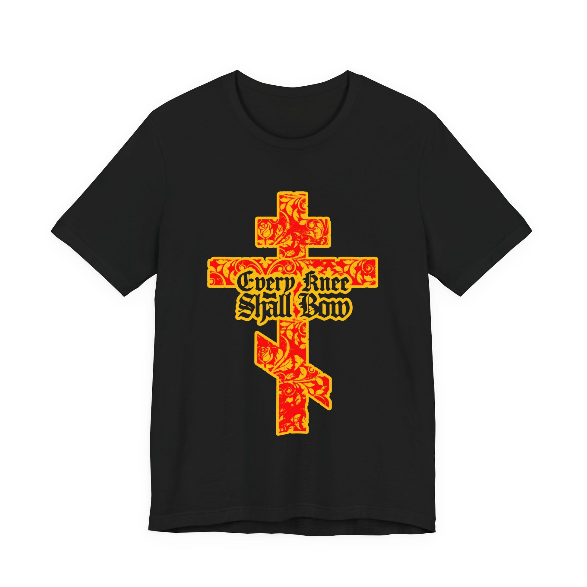 Black unisex tee featuring a gold and red floral Orthodox cross with gothic lettering and "Every Knee Shall Bow," inspired by Isaiah 45:22-24 and Philippians 2:7-11.