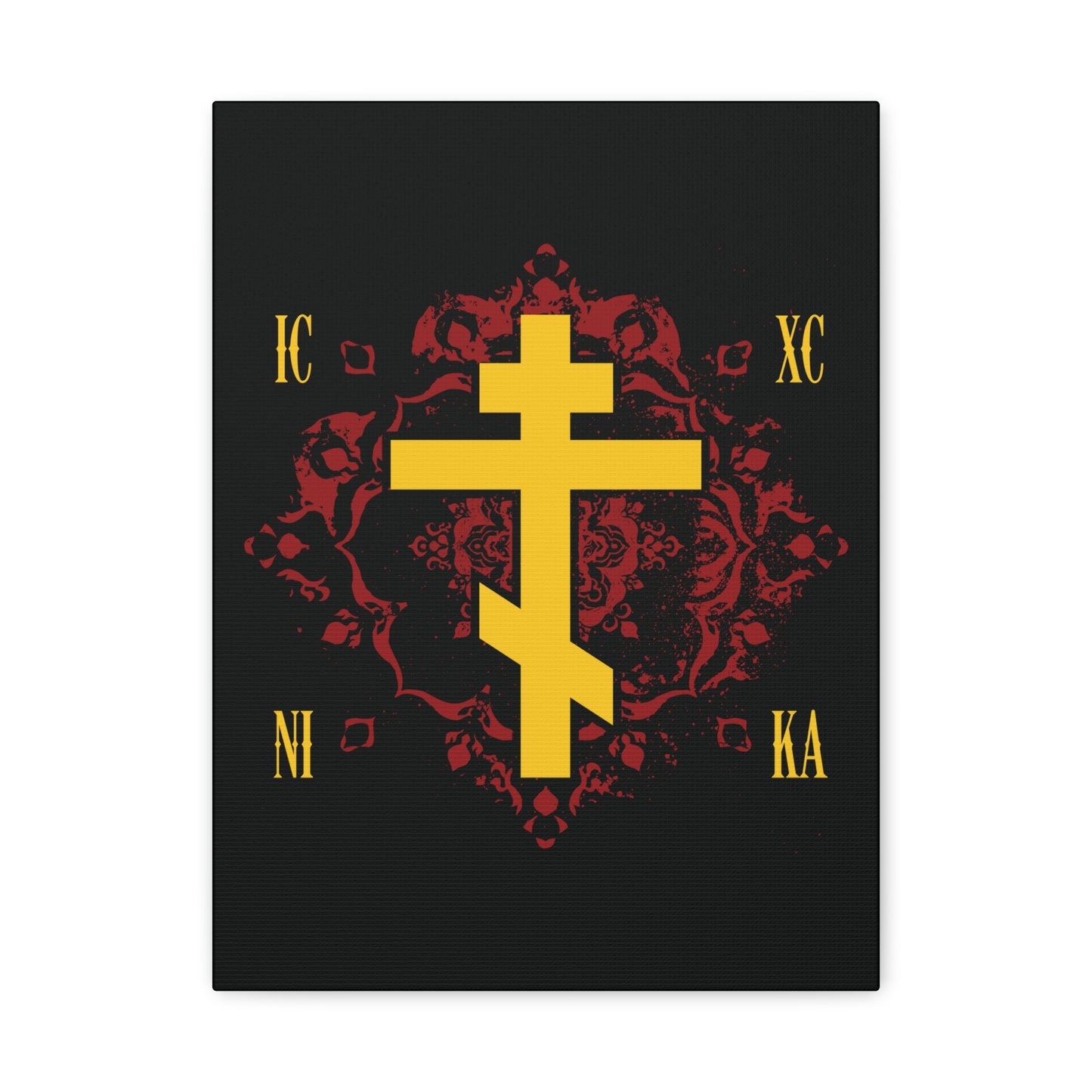 The "ICXC NIKA Yellow Russian Cross on Ornate Red Background Design" Orthodox Christian canvas art features a gold cross with yellow Greek letters on a black canvas, symbolizing Jesus Christ’s victory.