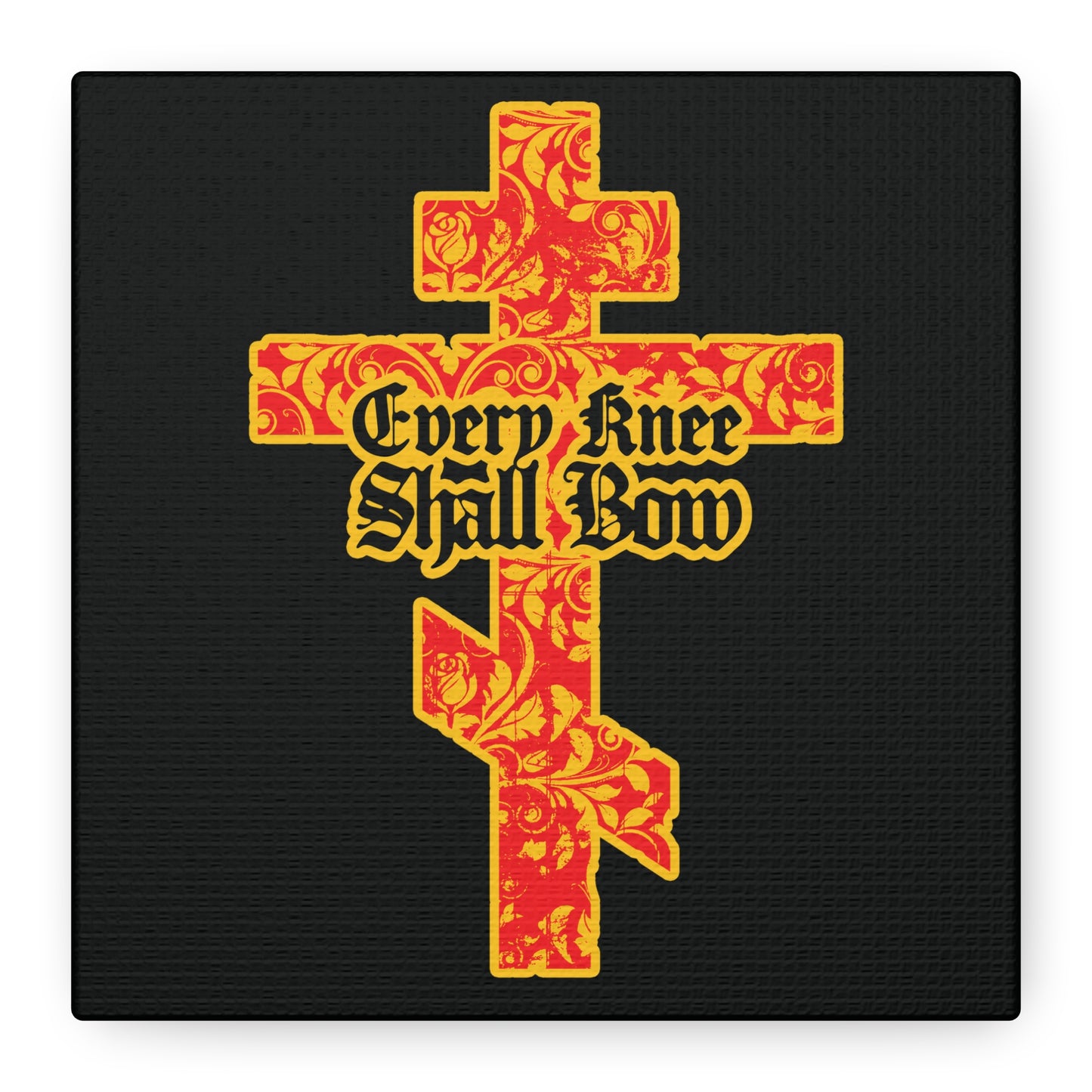 The "Every Knee Shall Bow" wall art features a gold and red floral Orthodox cross with gothic lettering (Isaiah 45:22-24, Phil 2:7-11) on a black background—Christian decor for your space.