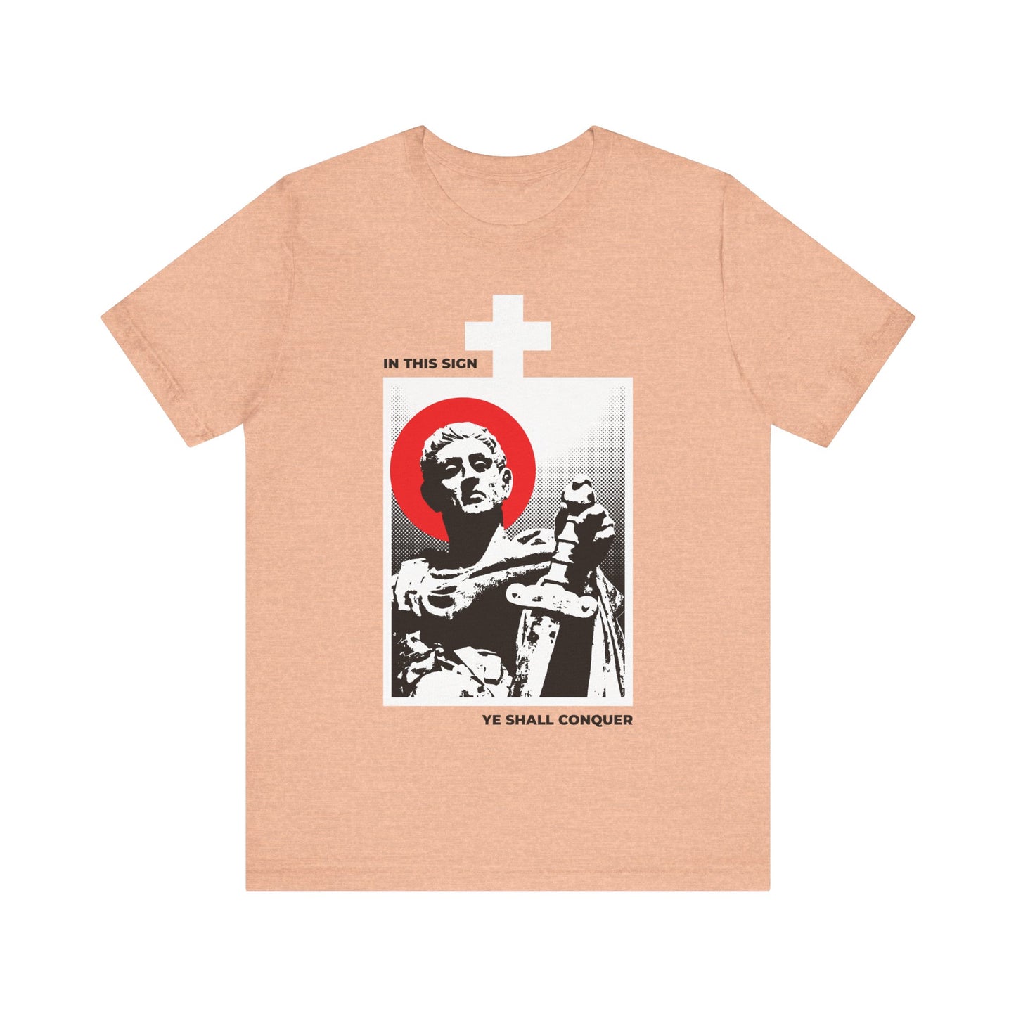 Heather Peach t-shirt with statue of St Constantine the Great holding a sword, featuring “In this sign ye shall conquer”—an Orthodox Christian message to courageously conquer your passions.