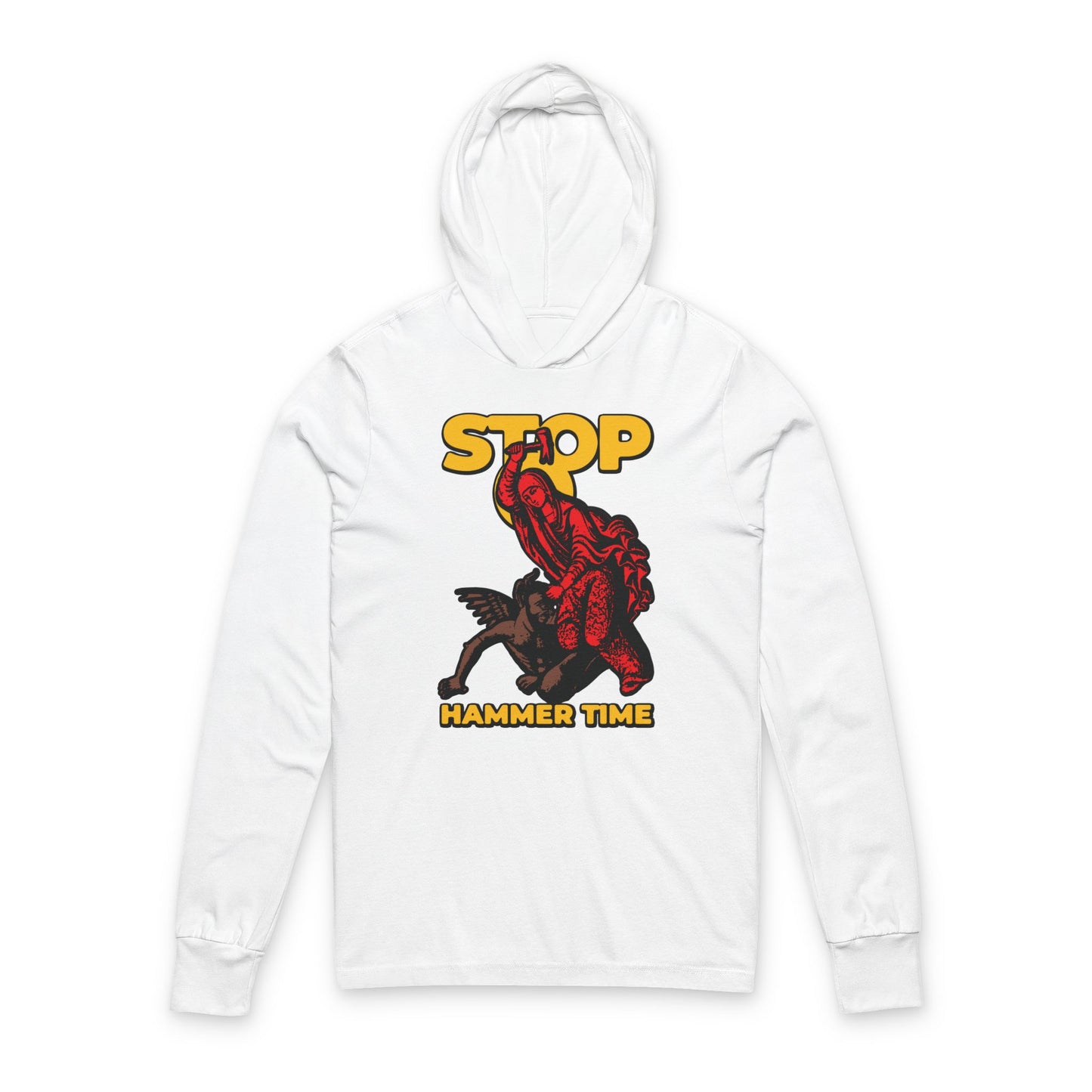 White hoodie with a bold graphic of St Marina of Antioch beating the devil with a hammer, inspired by Orthodox memes. Features "STOP, HAMMER TIME" in yellow—modern Christian design in red, blue, and yellow.