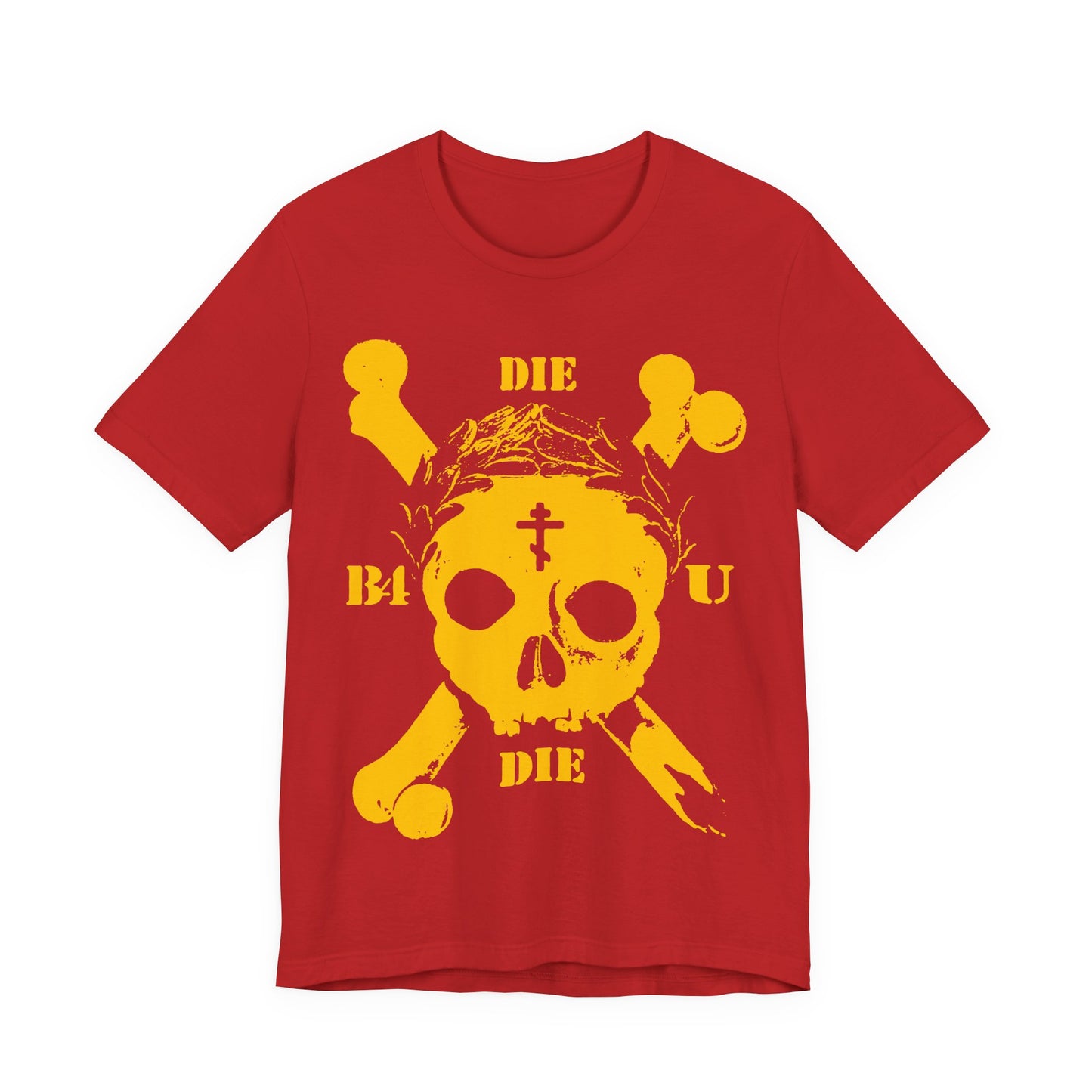 The Die Before You Die T-shirt is red with a retro skull & crossbones, Orthodox cross, and laurel wreath—an ascetic Christian memento mori inspired by Matthew 16:24-25.