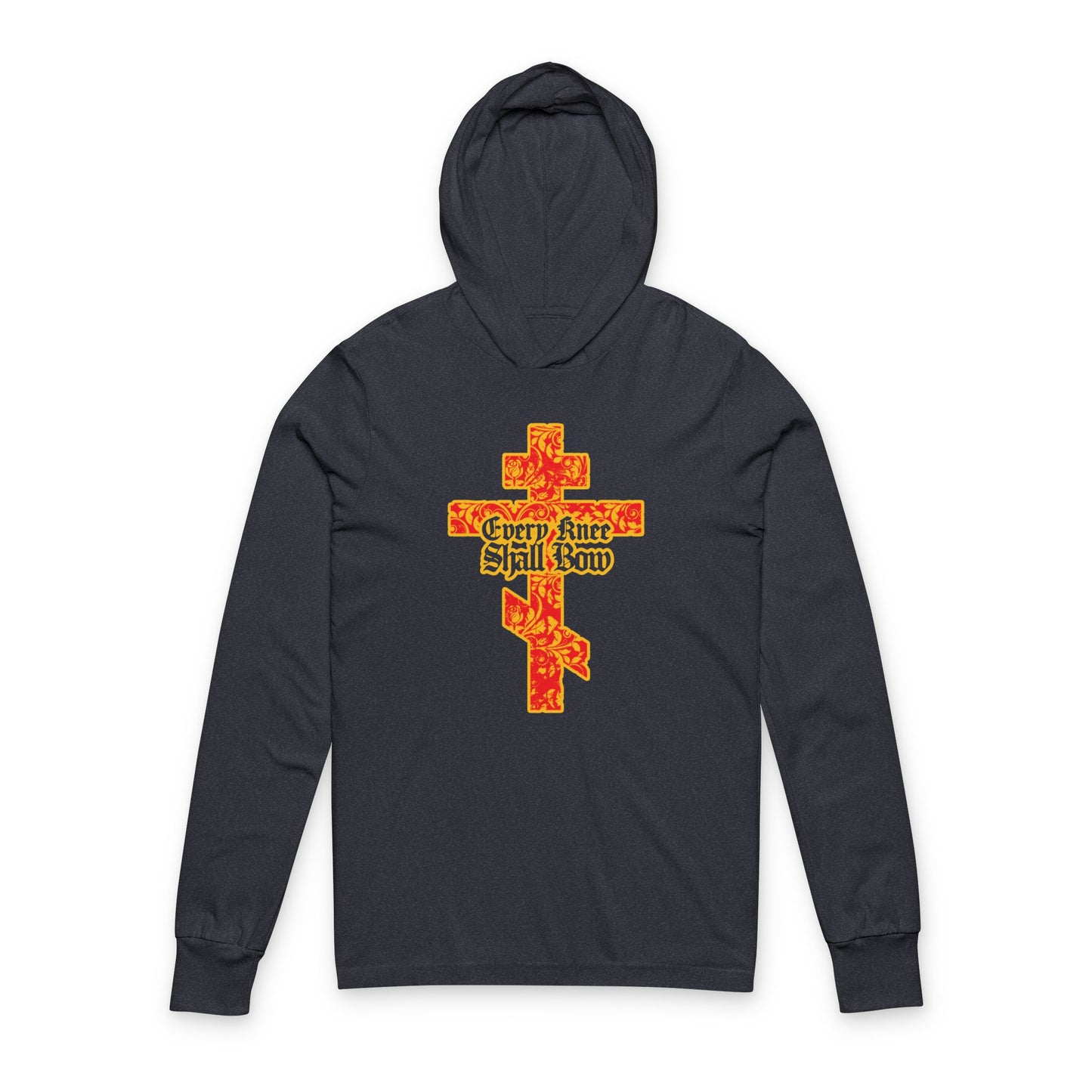 The "Every Knee Shall Bow" black hoodie features a gold and red floral Orthodox cross with gothic lettering, inspired by Isaiah 45:22-24 and Phil 2:7-11.