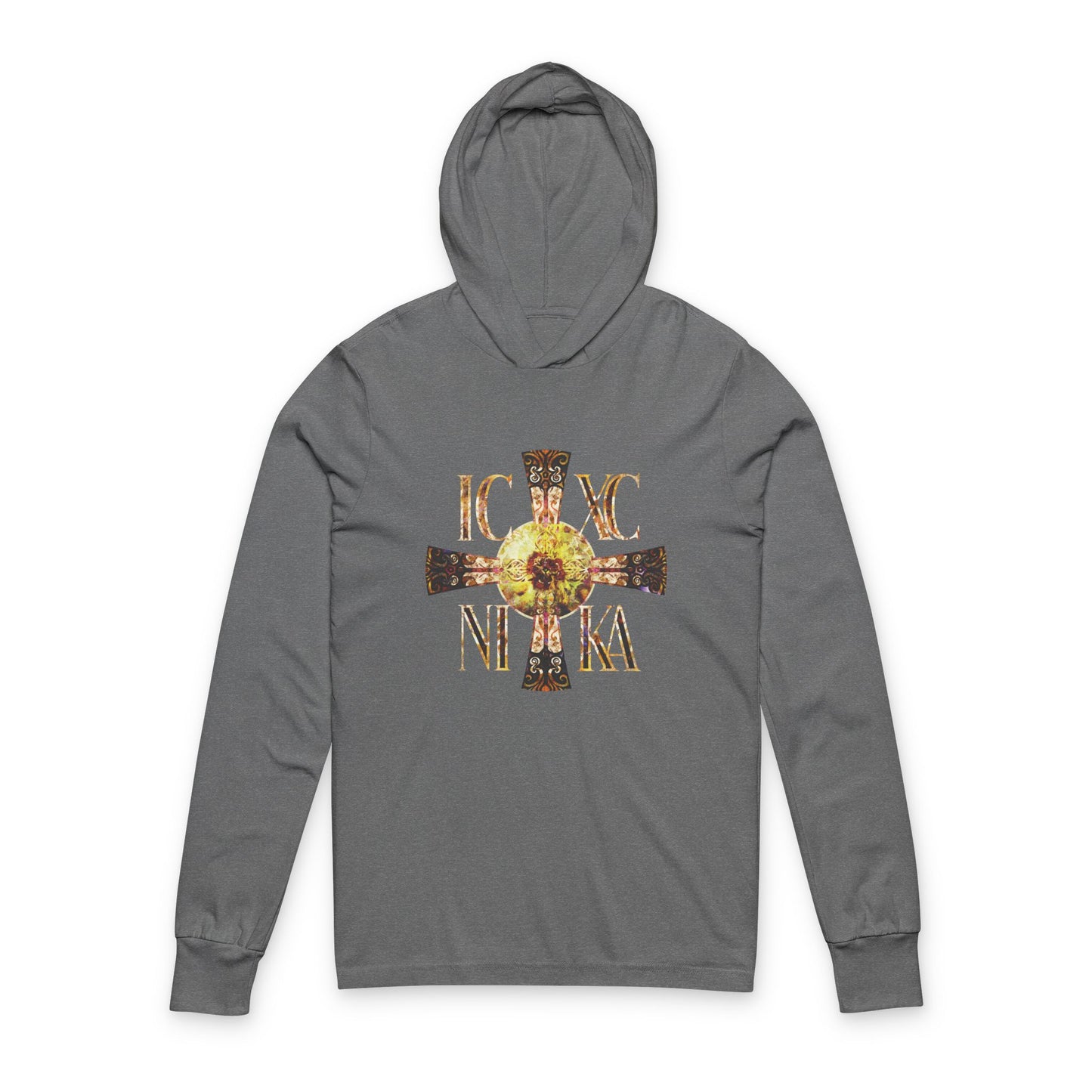 ICXC NIKA Celtic Style Equal Armed Cross | Bright Solar Texture | Orthodox Long Sleeve Hooded Shirt