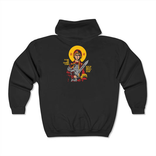 To Thee the Champion Leader | Mother of God | Theotokos with Sword IconoGraphic | Orthodox Zipper Hoodie (Back Design)-Black-S-Remembrance of Death