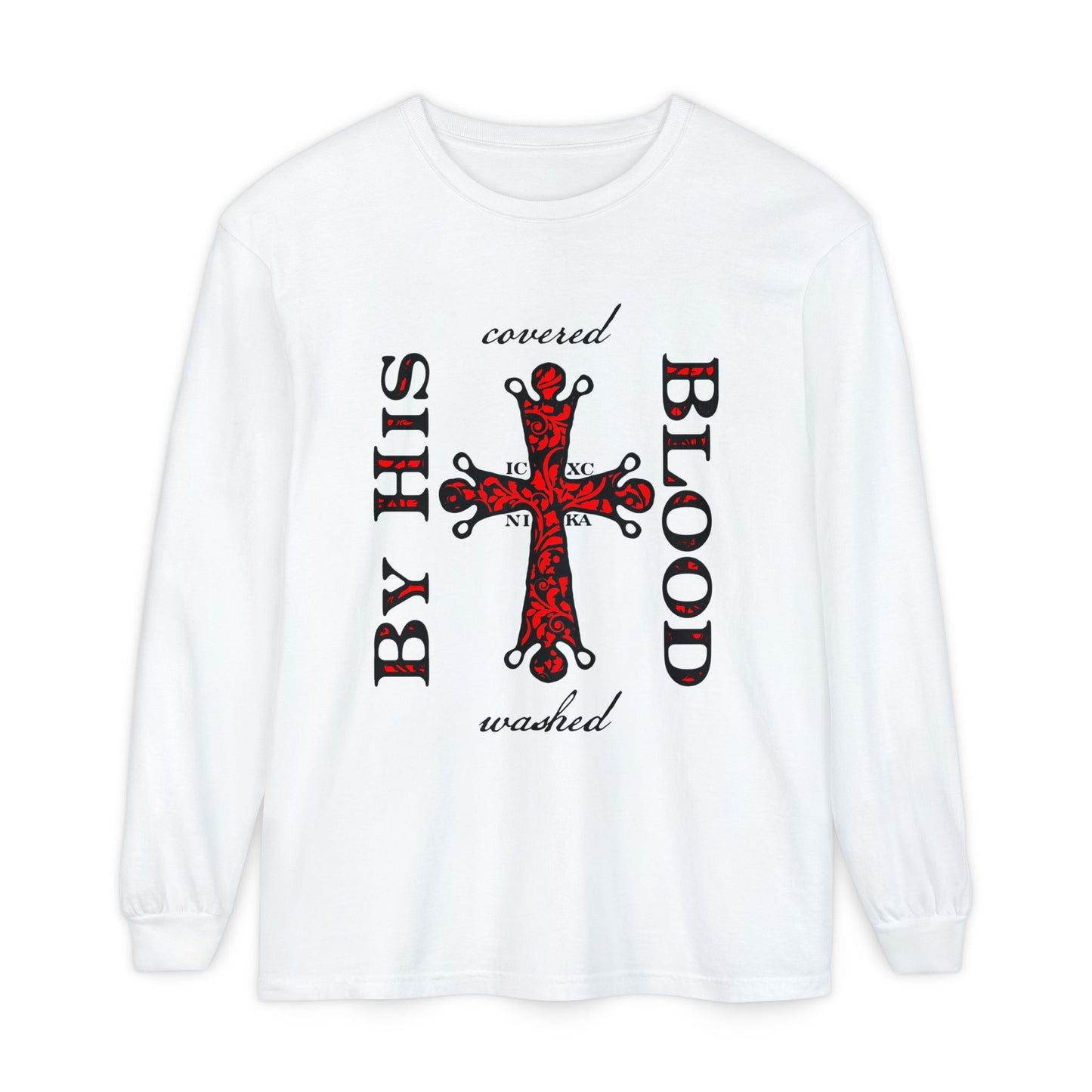Washed/Covered By His Blood (1 John 1:7) | ICXC NIKA Ornate Red Orthodox Cross | Orthodox Christian Long Sleeve Shirt