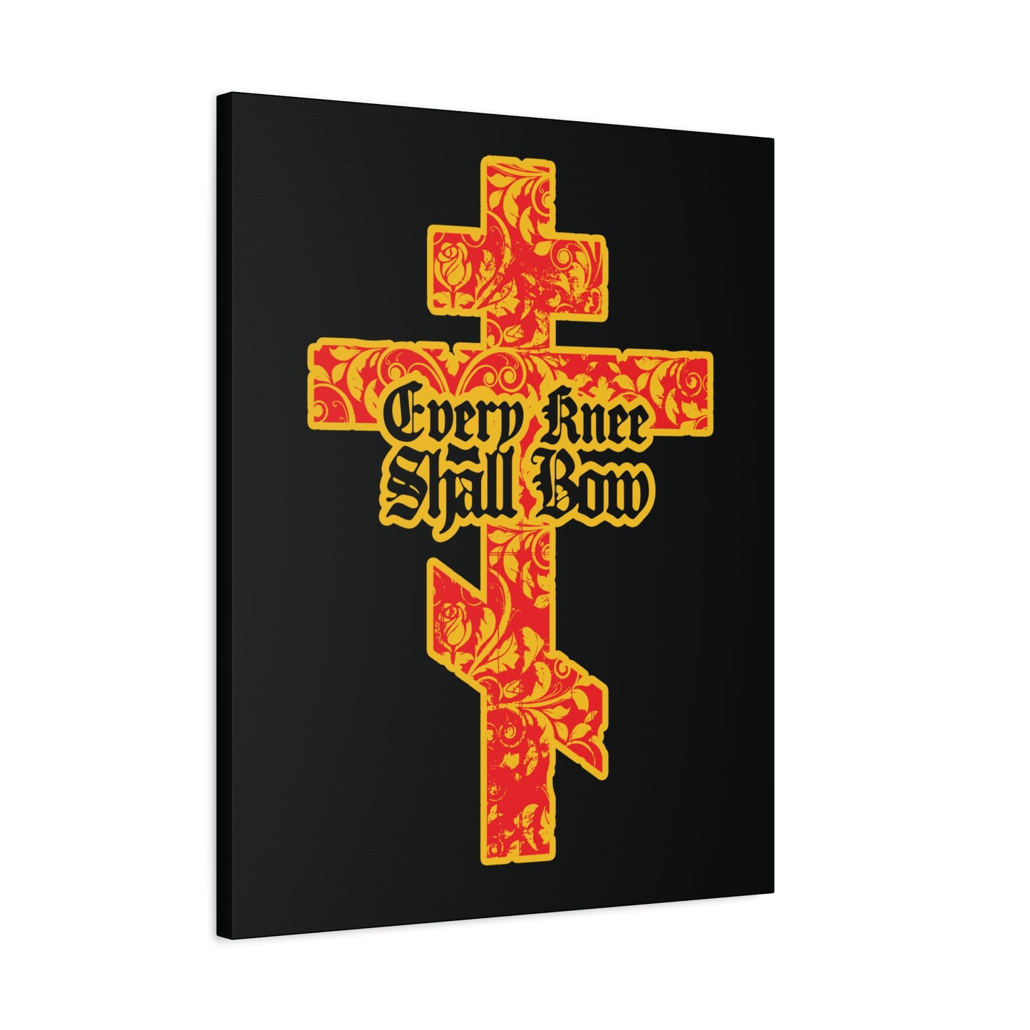 The "Every Knee Shall Bow" Christian wall art features a gold and red floral Orthodox cross with black Gothic lettering, inspired by Isaiah 45:22-24 and Phil 2:7-11, declaring Jesus Christ is Lord.