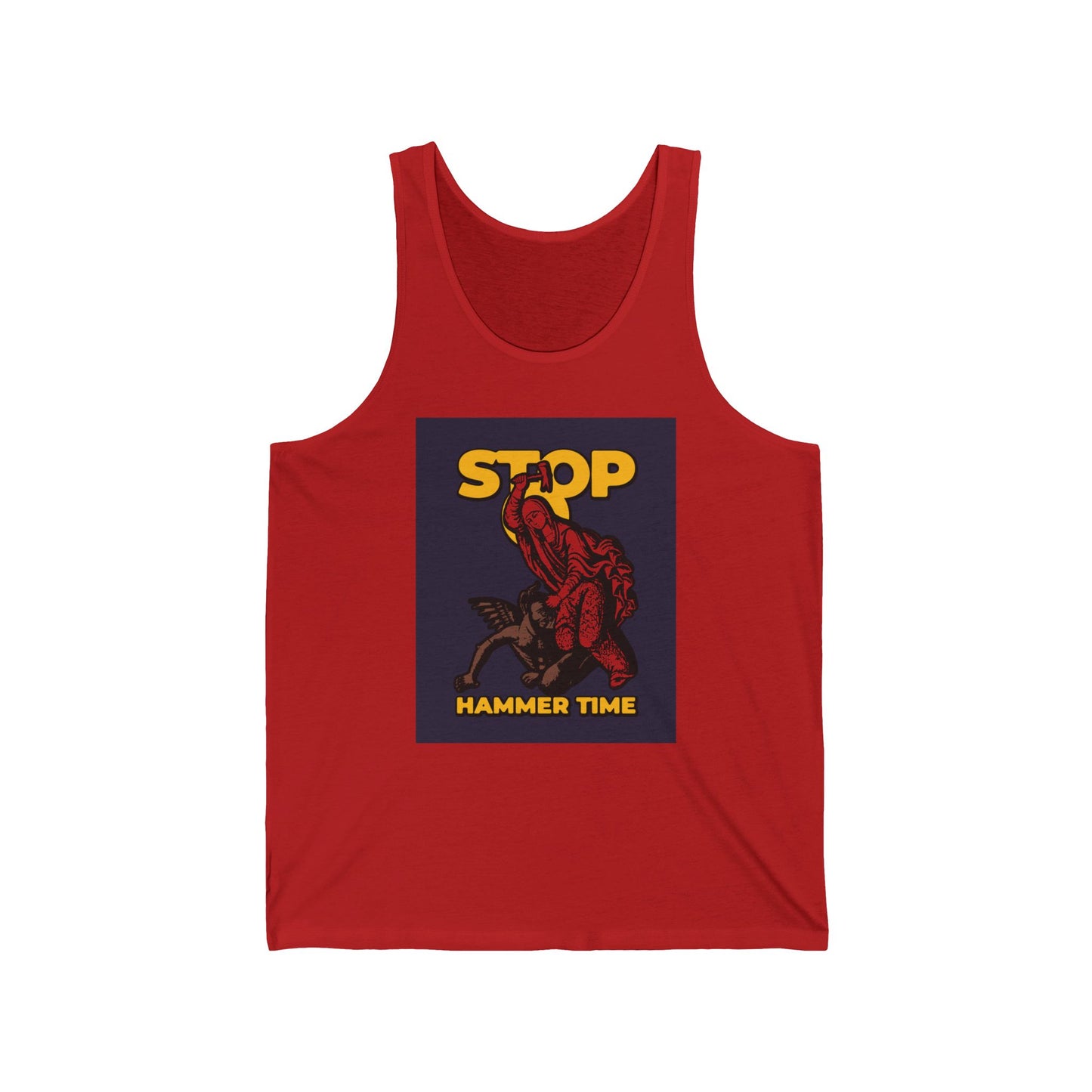 Red tank top with a bold graphic of St. Marina of Antioch beating the devil with a hammer and the text "Stop, Hammer Time"—a modern Orthodox meme design in red, blue, and yellow for Christian inspiration.