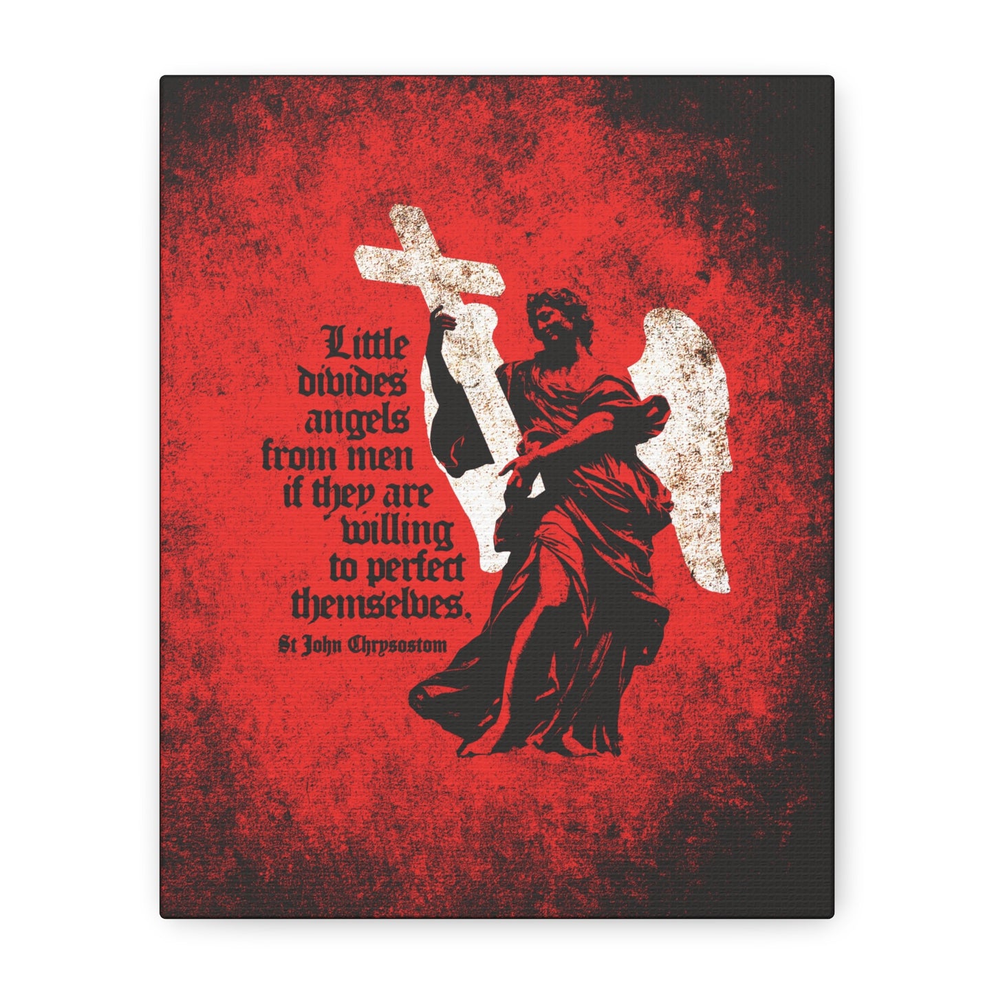 The "Little Divides Angels from Men" canvas features a textured black cemetery angel with a cross and white wing on red, plus a St. John Chrysostom quote and "Be ye holy," inspiring reflection on Orthodox Christian faith.
